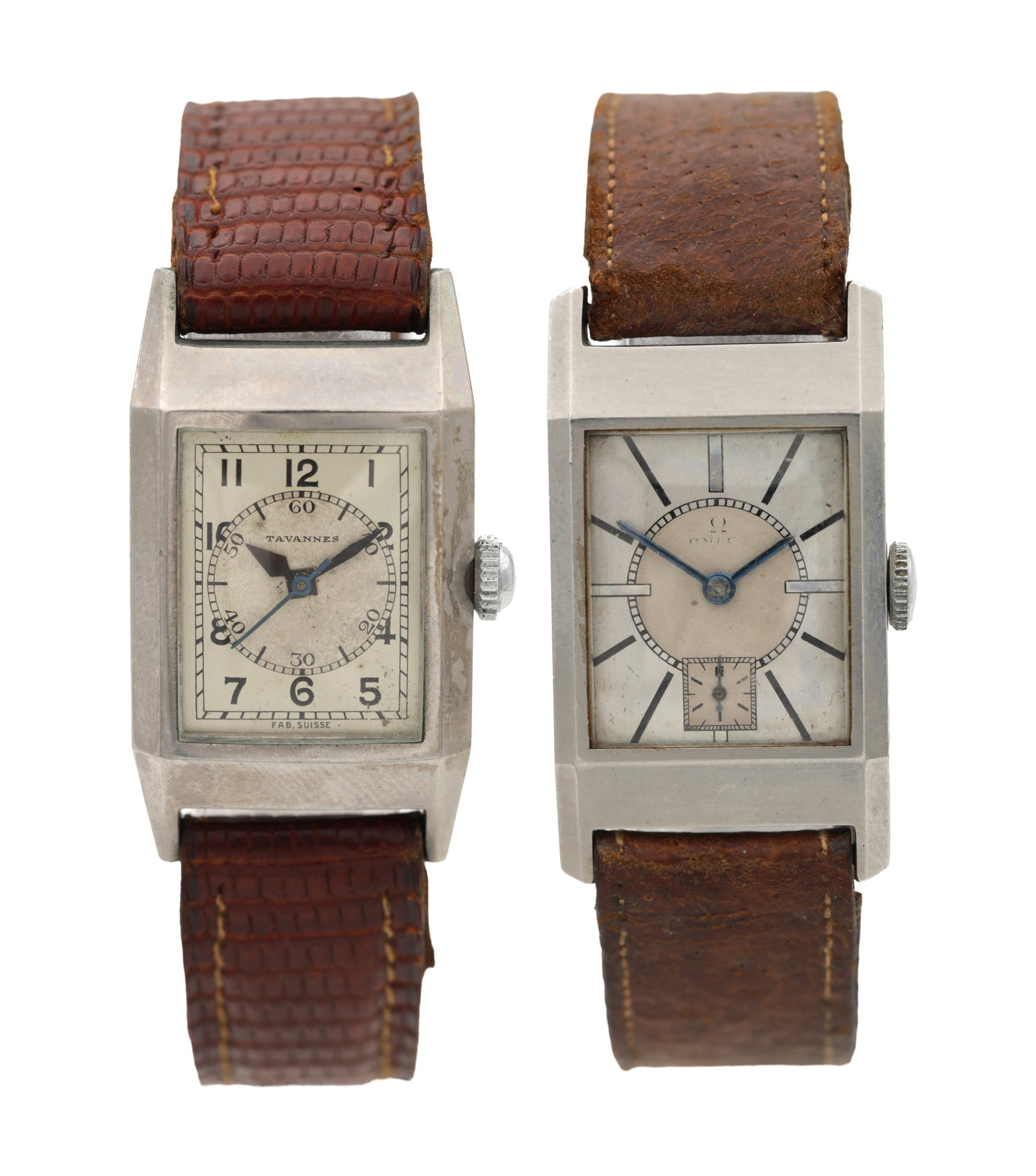 TWO 1930S STEEL TANK WRIST WATCHES BY OMEGA AND TAVANNES (1 of 10)