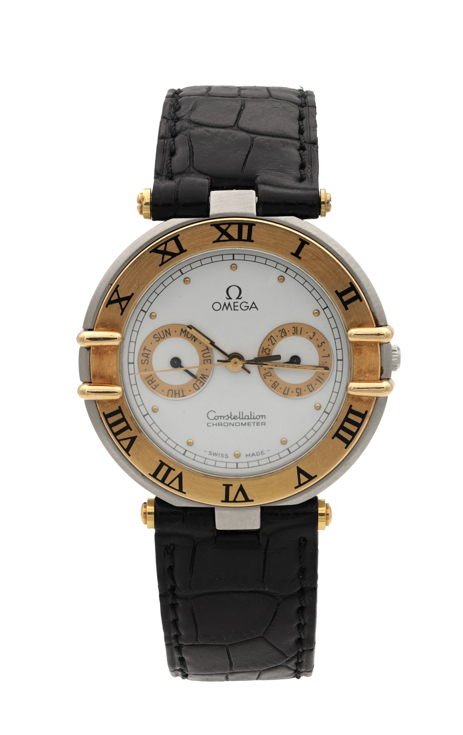 AN OMEGA CONSTELLATION STAINLESS STEEL AND 18CT GOLD DAY-DATE CHRONOMETER WRIST WATCH (1 of 5)
