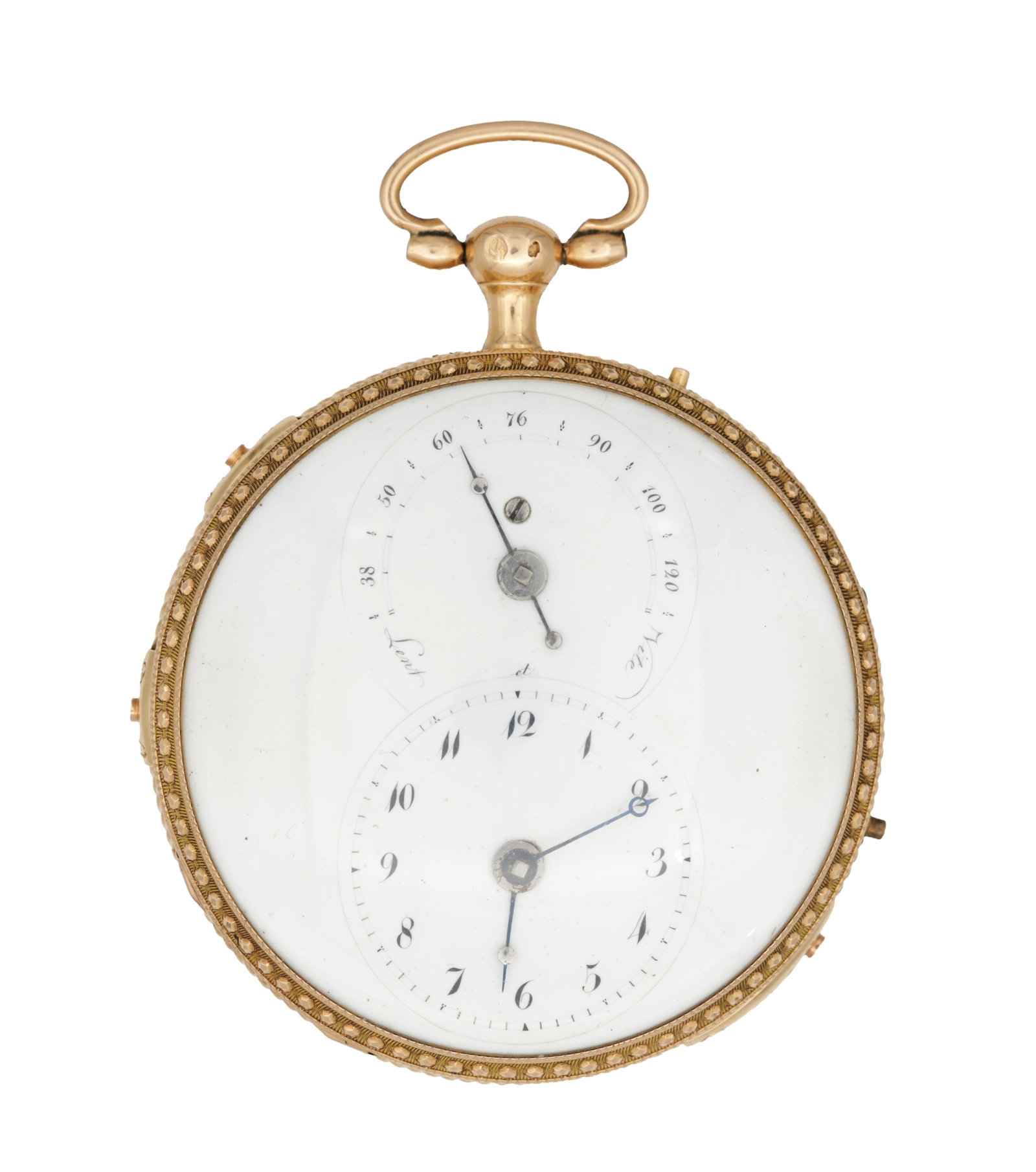 A FRENCH 18CT GOLD OPEN FACED QUARTER CHIMING POCKET CLOCK WATCH WITH REGULATION DIAL: A FRENCH 18CT GOLD CAPTAINS STRIKING POCKET CLOCK WATCH WITH COMPLICATION with white enamel dial displaying a lower Arabic time dial and an upper sector power reserve dial, blued steel hands, and an 1
