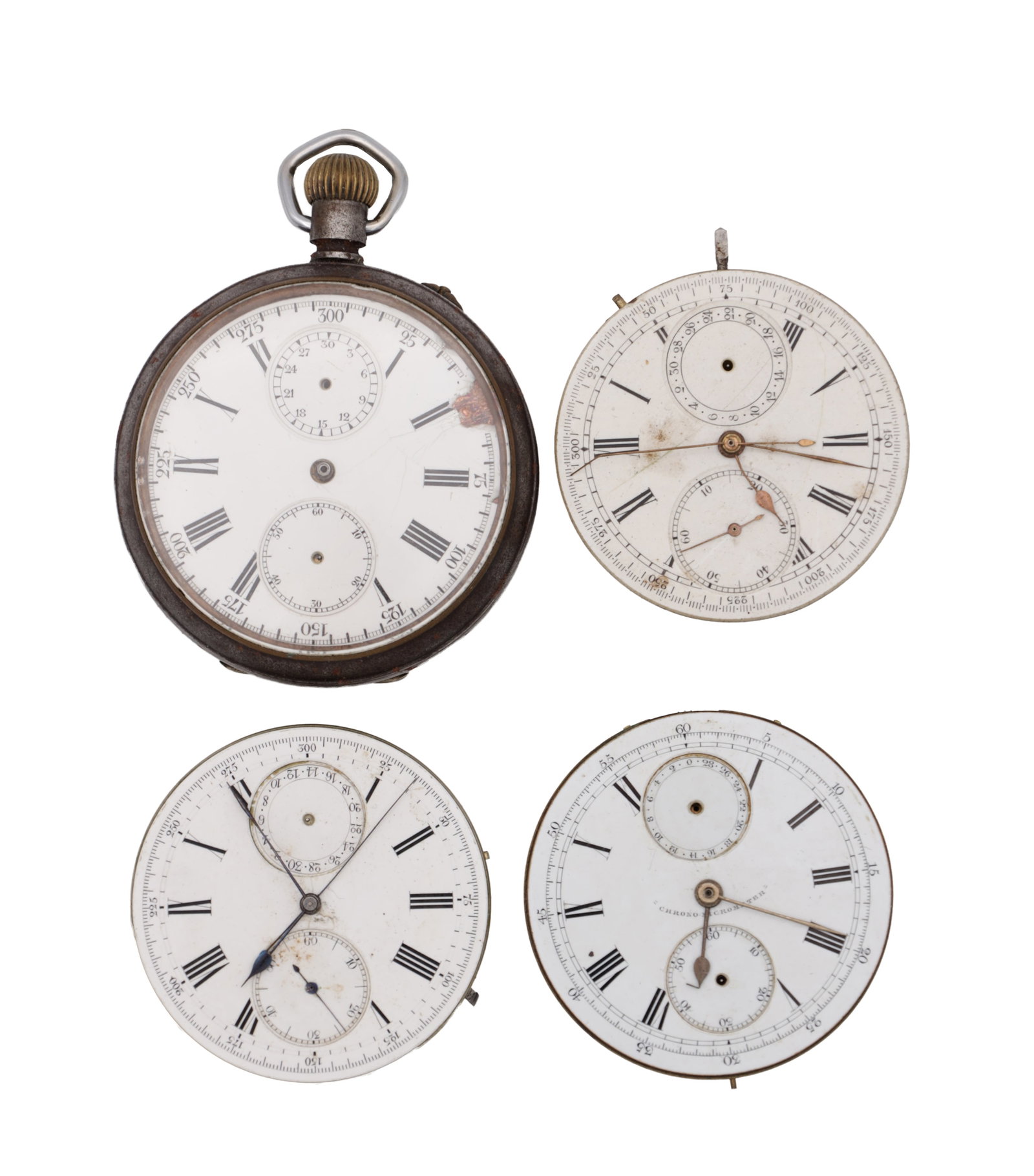 A SWISS CHRONOGRAPH POCKET WATCH AND THREE CHRONOGRAPH MOVEMENTS (1 of 2)