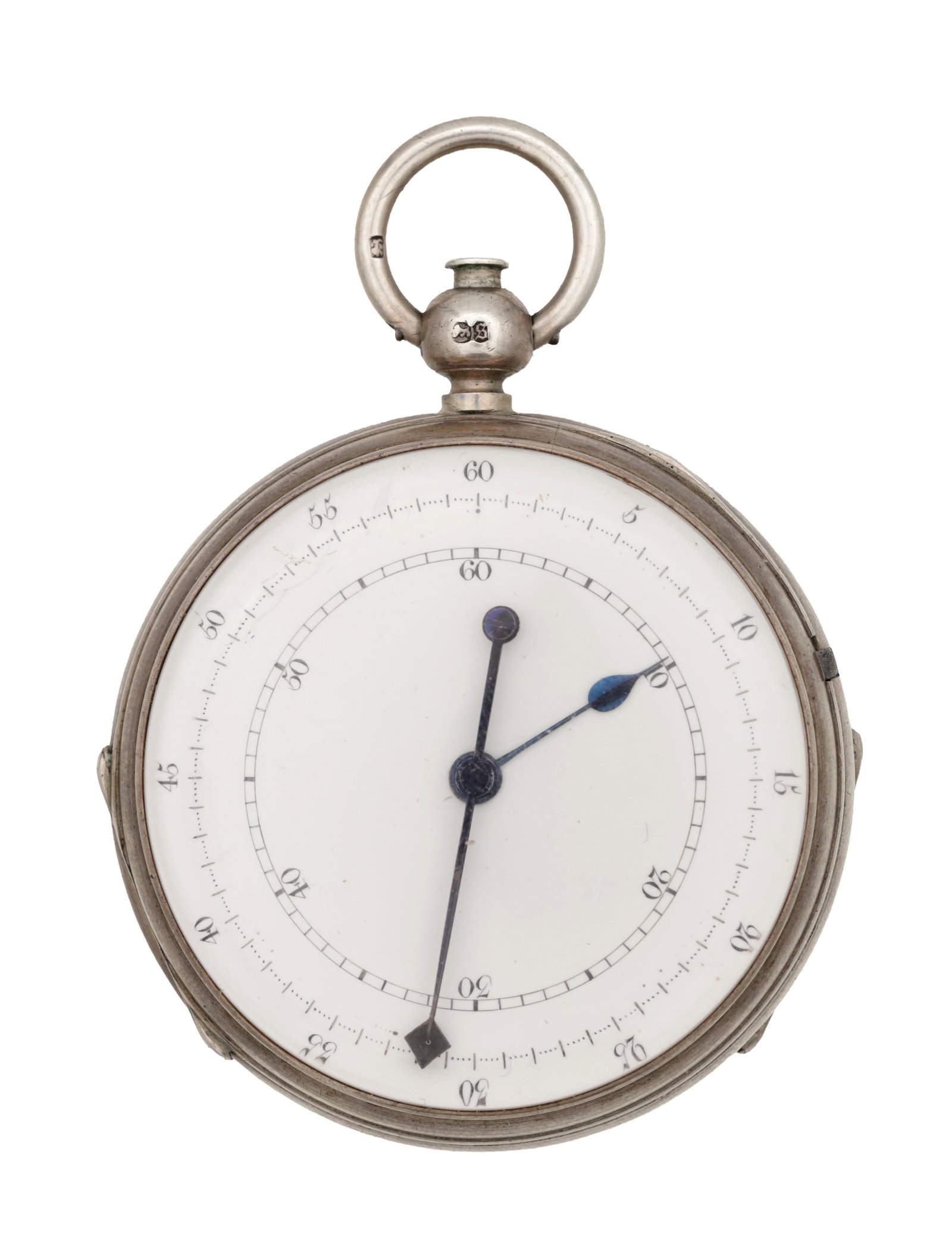 J.S. TANNER, CIRENCESTER. AN UNUSUAL LATE 19TH CENTURY SILVER OPEN FACE INKING CHRONOGRAPH POCKET: J.S. TANNER, CIRENCESTER. AN UNUSUAL LATE 19TH CENTURY SILVER OPEN FACE INKING CHRONOGRAPH POCKET WATCH the white enamel dial with Arabic minute recording ring and blued steel hands, the chronograph s