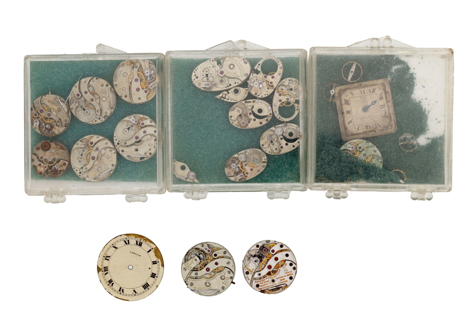 SIXTEEN VINTAGE CARTIER EUROPEAN WATCH AND CLOCK CO. WRIST WATCH MOVEMENTS: SIXTEEN VINTAGE CARTIER EUROPEAN WATCH AND CLOCK CO. WRIST WATCH MOVEMENTS comprising round and oval jewelled movements variously signed European Watch & Clock Co. Inc. and E.W.C. Co. together with