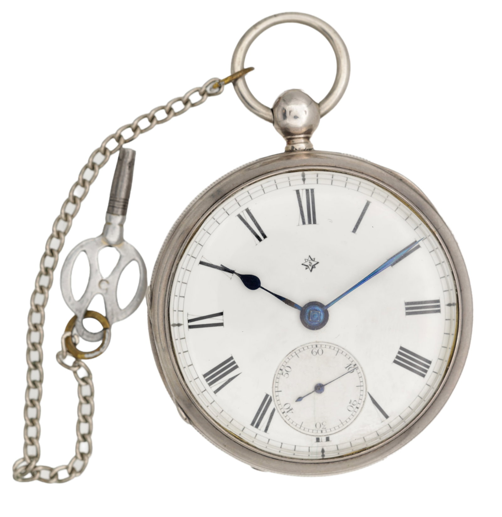 AN EDWARDIAN ENGLISH SILVER OPEN FACE LEVER POCKET WATCH SIGNED PJ. CAMPBELL: AN EDWARDIAN ENGLISH SILVER OPEN FACE LEVER POCKET WATCH SIGNED PJ. CAMPBELL having a white enamel Roman dial with blued steel hands and subsidiary seconds at six dated 1905 together with a winding ke
