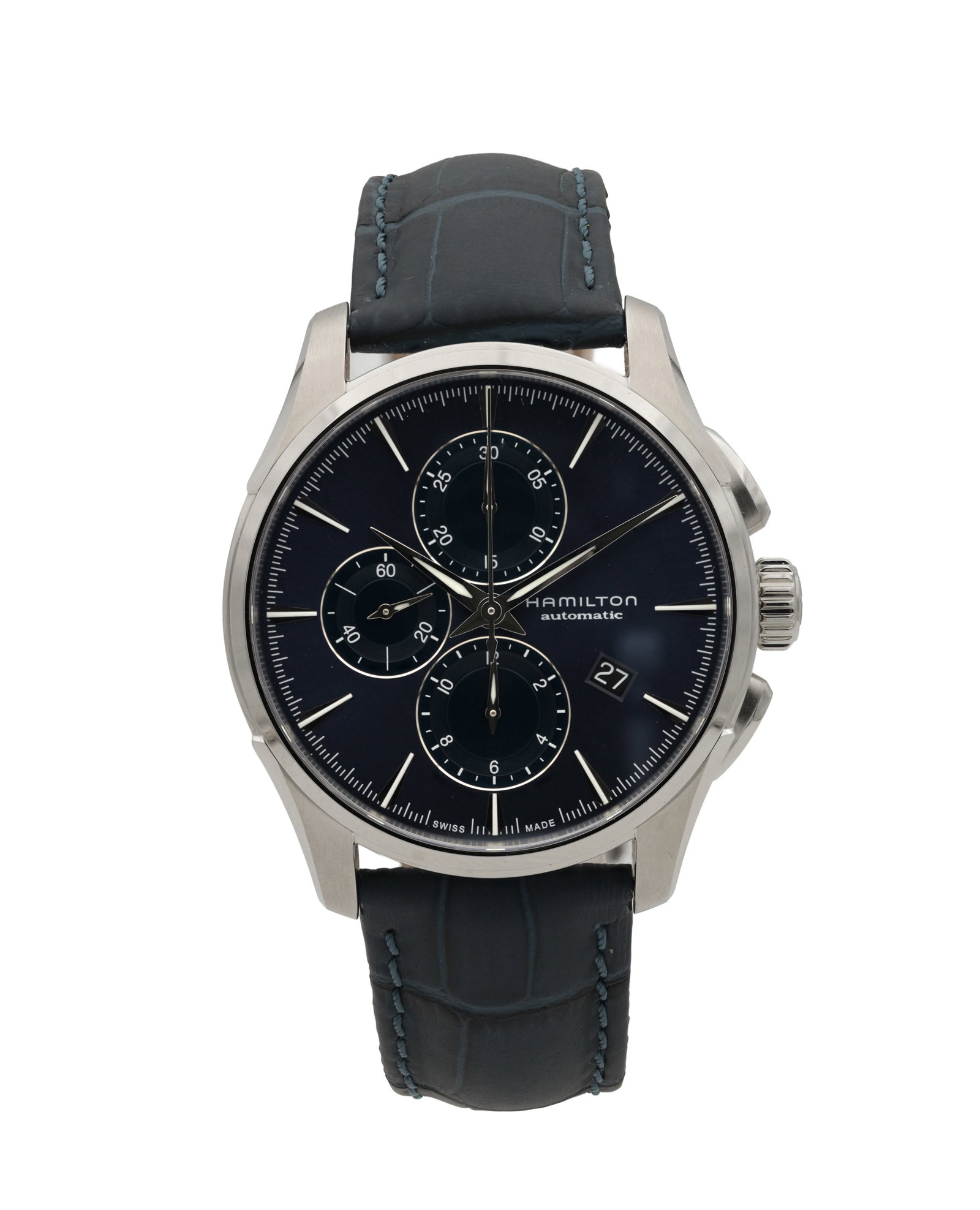 A GENTLEMAN'S STAINLESS STEEL HAMILTON JAZZMASTER CHRONOGRAPH AUTOMATIC WRIST WATCH: A GENTLEMAN'S STAINLESS STEEL HAMILTON JAZZMASTER CHRONOGRAPH AUTOMATIC WRIST WATCH with blue dial having baton indices, three subsidiary dials and date aperture, original leather strap with