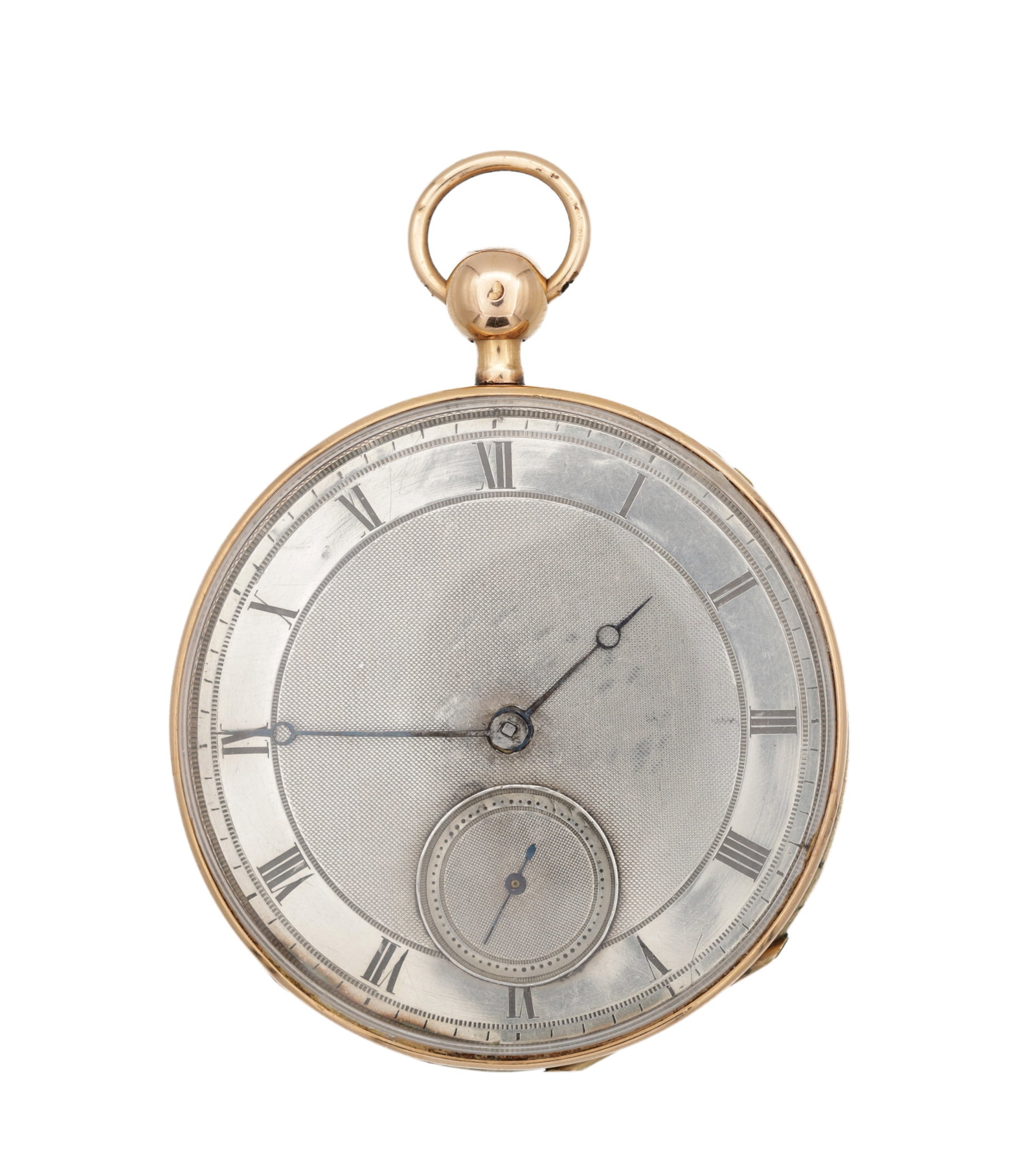 A CIRCA 1800 CONTINENTAL 18CT ROSE GOLD AND ENAMEL REPEATING POCKET WATCH WITH CYLINDRICAL: A CIRCA 1800 CONTINENTAL 18CT ROSE GOLD AND ENAMEL REPEATING POCKET WATCH WITH CYLINDRICAL ESCAPEMENT the open-face silvered engine-turned dial with Roman chapter ring, blued steel hands and subsidiar