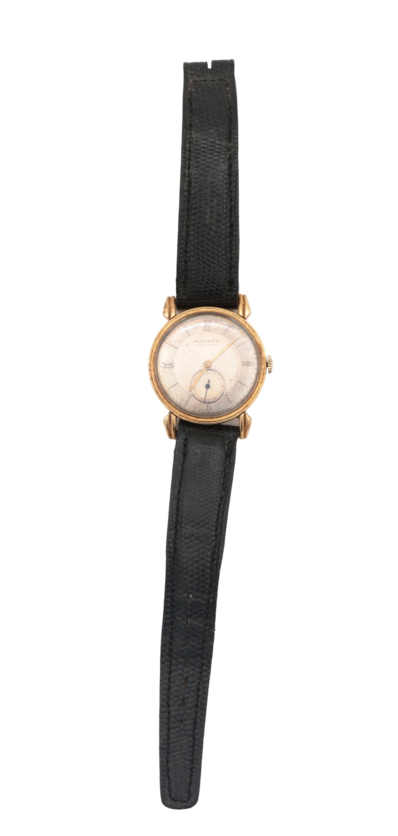 A MOVADO GOLD MANUAL WIND GENTLEMAN'S WRIST WATCH: A MOVADO GOLD MANUAL WIND GENTLEMAN'S WRIST WATCH with a two-tone silvered dial and subsidiary seconds dial fronting a jewelled spring-driven movement with lever escapement. (34mm diameter)