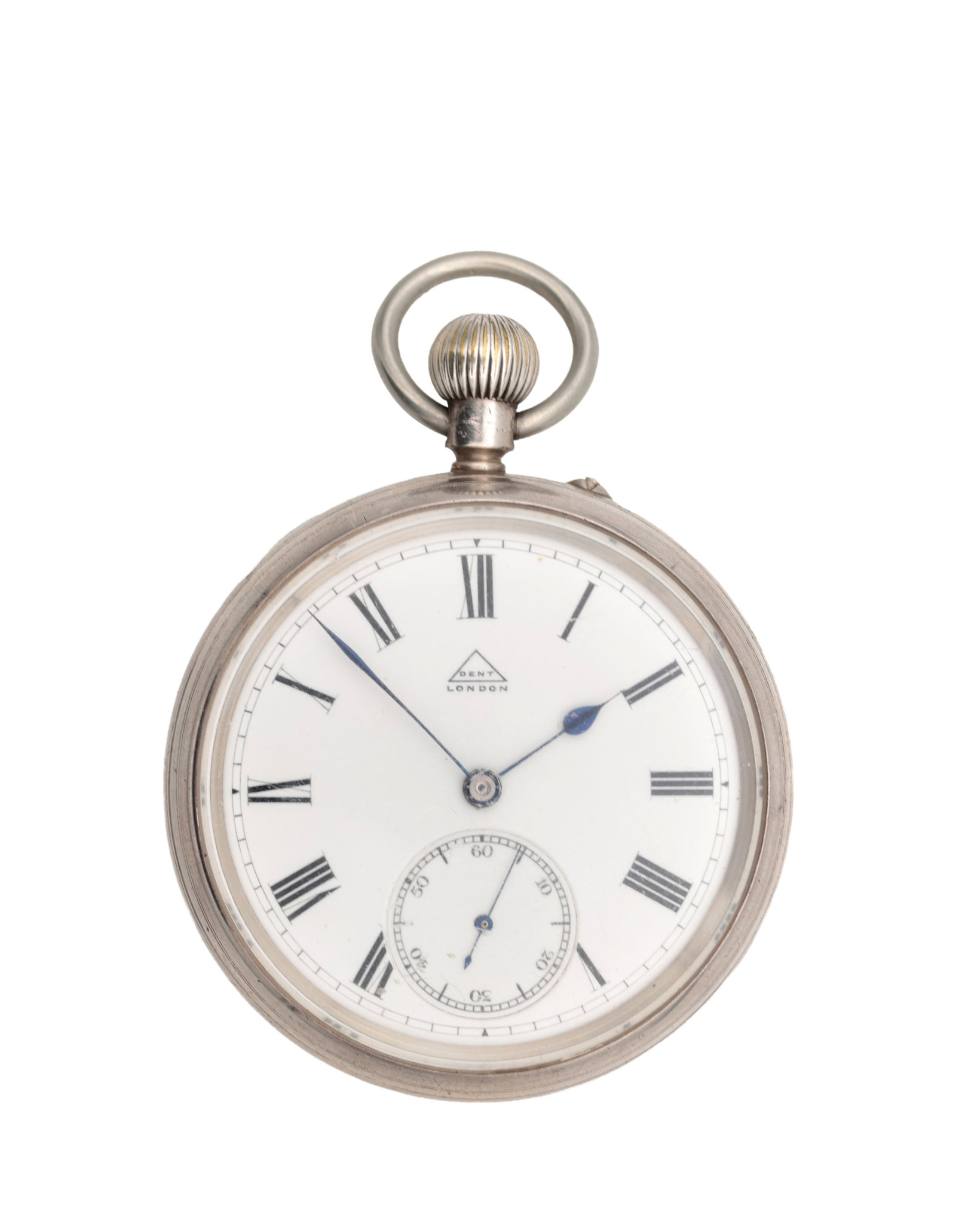 DENT, LONDON. AN ENGLISH SILVER OPEN FACED KEYLESS WIND POCKET WATCH: DENT, LONDON. AN ENGLISH SILVER OPEN FACED KEYLESS WIND POCKET WATCH spring driven movement with white dial bearing Roman numerals, blued steel hands and subsidiary seconds. (50mm diameter)