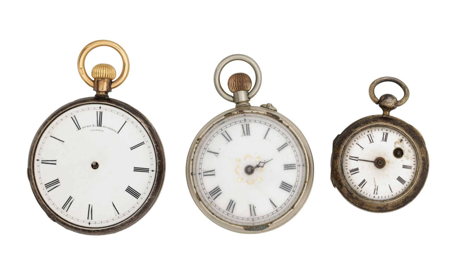 THREE SILVER OPEN FACE FOB WATCHES: THREE SILVER OPEN FACE FOB WATCHES of assorted sizes with white enamel Roman numeral dials and gilt or white metal bows, one signed Hunt & Roskell London. (Diameter 32mm and smaller)