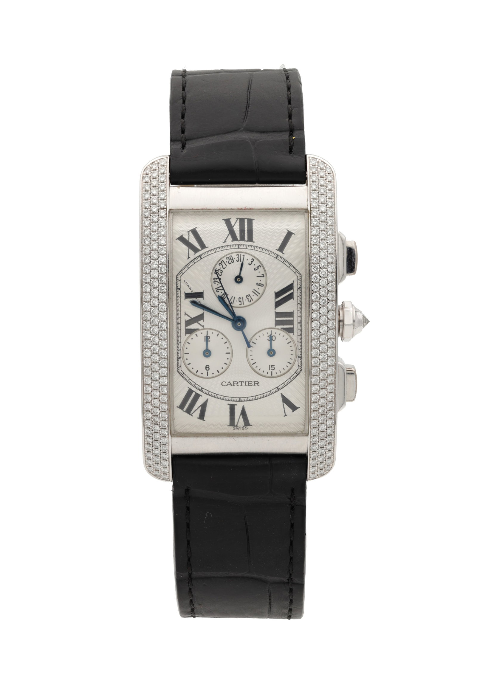 A GENTLEMAN'S LARGE MODEL 18CT WHITE GOLD AND DIAMOND CARTIER TANK AMERICAINE CHRONOGRAPH WRIST: A GENTLEMAN'S LARGE MODEL 18CT WHITE GOLD AND DIAMOND CARTIER TANK AMERICAINE CHRONOGRAPH WRIST WATCH on a black alligator leather strap with 18ct white gold deployment clasp, quartz movement,