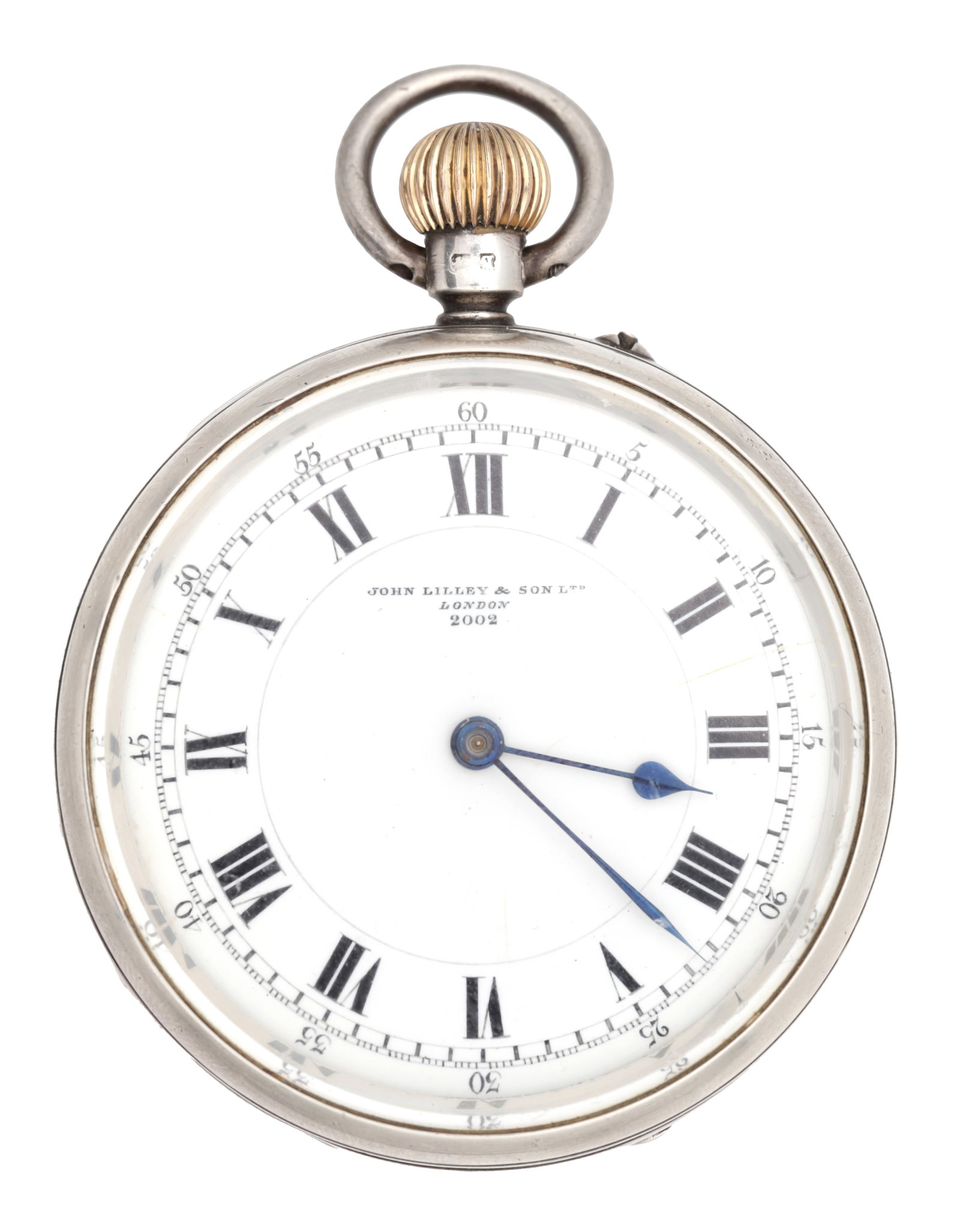 JOHN LILLEY & SON, LONDON. A SILVER KEYLESS WIND OPEN FACE MILITARY ISSUE POCKET WATCH: JOHN LILLEY & SON, LONDON. A SILVER KEYLESS WIND OPEN FACE MILITARY ISSUE POCKET WATCH in a mahogany case, the white enamel dial with Roman numerals and blued steel hands fronting a spring driven move