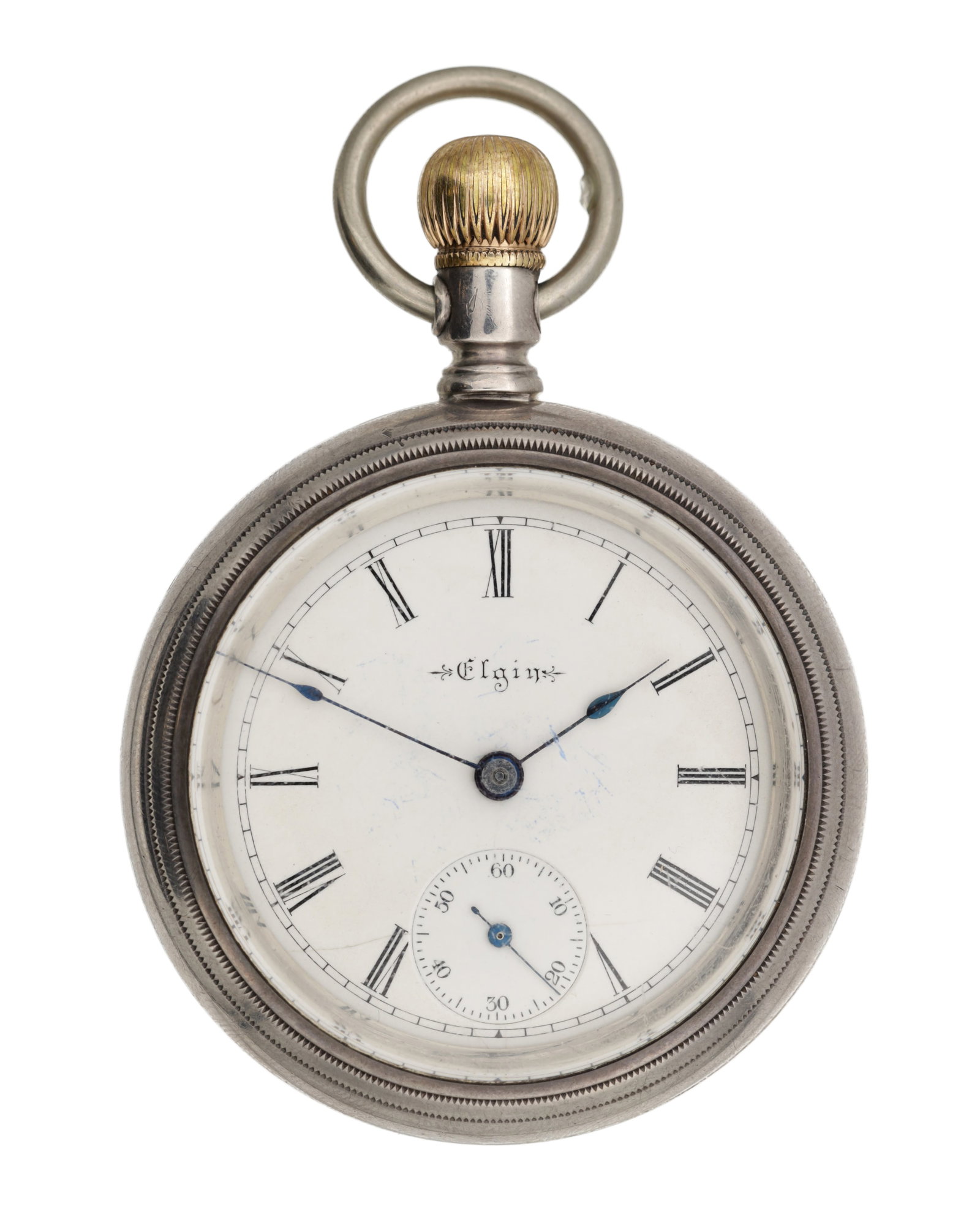 ELGIN AN AMERICAN SILVER OPEN FACE POCKET WATCH: ELGIN AN AMERICAN SILVER OPEN FACE POCKET WATCH with white enamel dial signed Elgin having Roman numerals and blued steel hands, subsidiary seconds at six, milled case band and a gilt crown with suspe