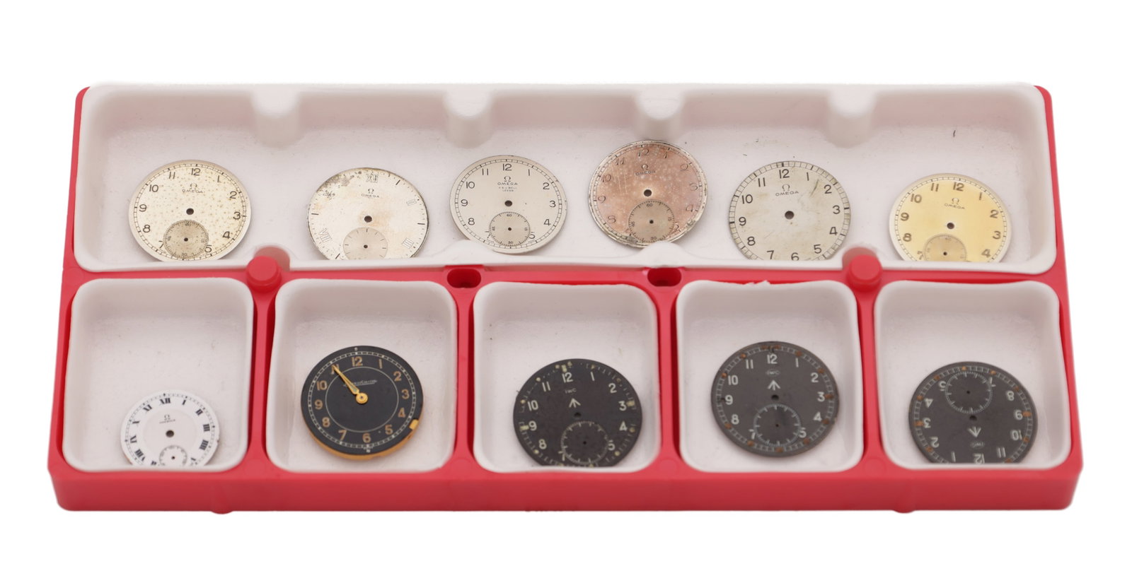 A COLLECTION OF IWC OMEGA AND JAEGER-LECOULTRE WATCH DIALS WITH A JAEGER-LECOULTRE MOVEMENT (1 of 12)