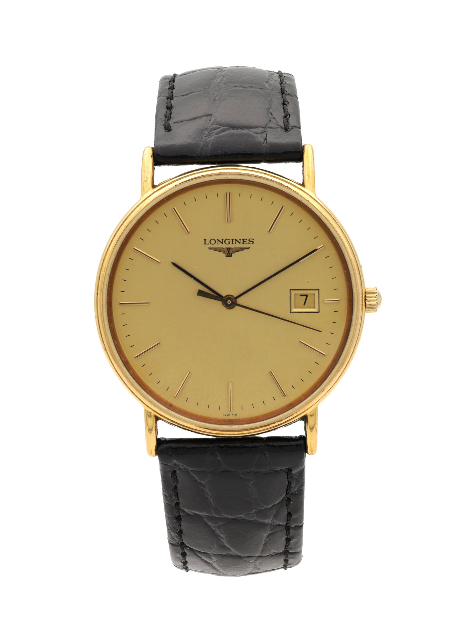 A LATE 20TH CENTURY GENTLEMAN'S GOLD PLATED LONGINES QUARTZ WRIST WATCH (1 of 6)