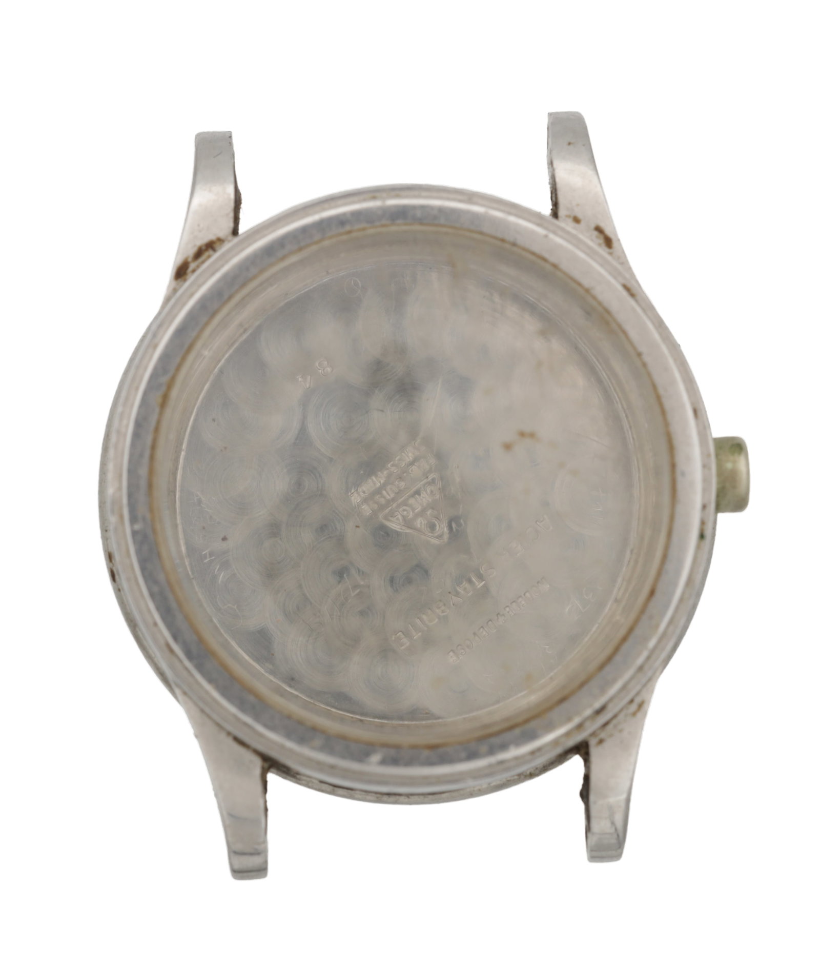 A 1930S OMEGA STAINLESS STEEL GENTLEMAN'S WATCH CASE: A 1930S OMEGA STAINLESS STEEL GENTLEMAN'S WATCH CASE signed to the inner back OMEGA WATCH CO FAB. SUISSE and stamped ACIER STAYBRITE, of circular form with tapered lugs and fitted crown. (30mm diamete