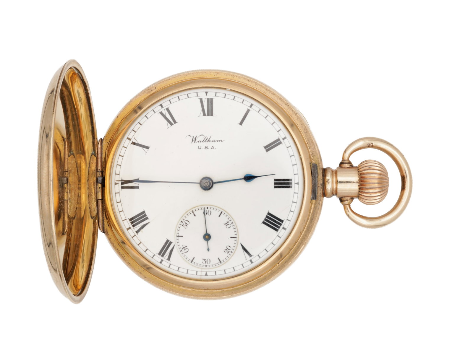 A WALTHAM ROLLED GOLD FULL HUNTER POCKET WATCH 15 JEWELS: A WALTHAM ROLLED GOLD FULL HUNTER POCKET WATCH 15 JEWELS having a white enamel Roman dial with subsidiary seconds and blued steel hands, the dial signed Waltham U.S.A. (Dial diameter 40mm)