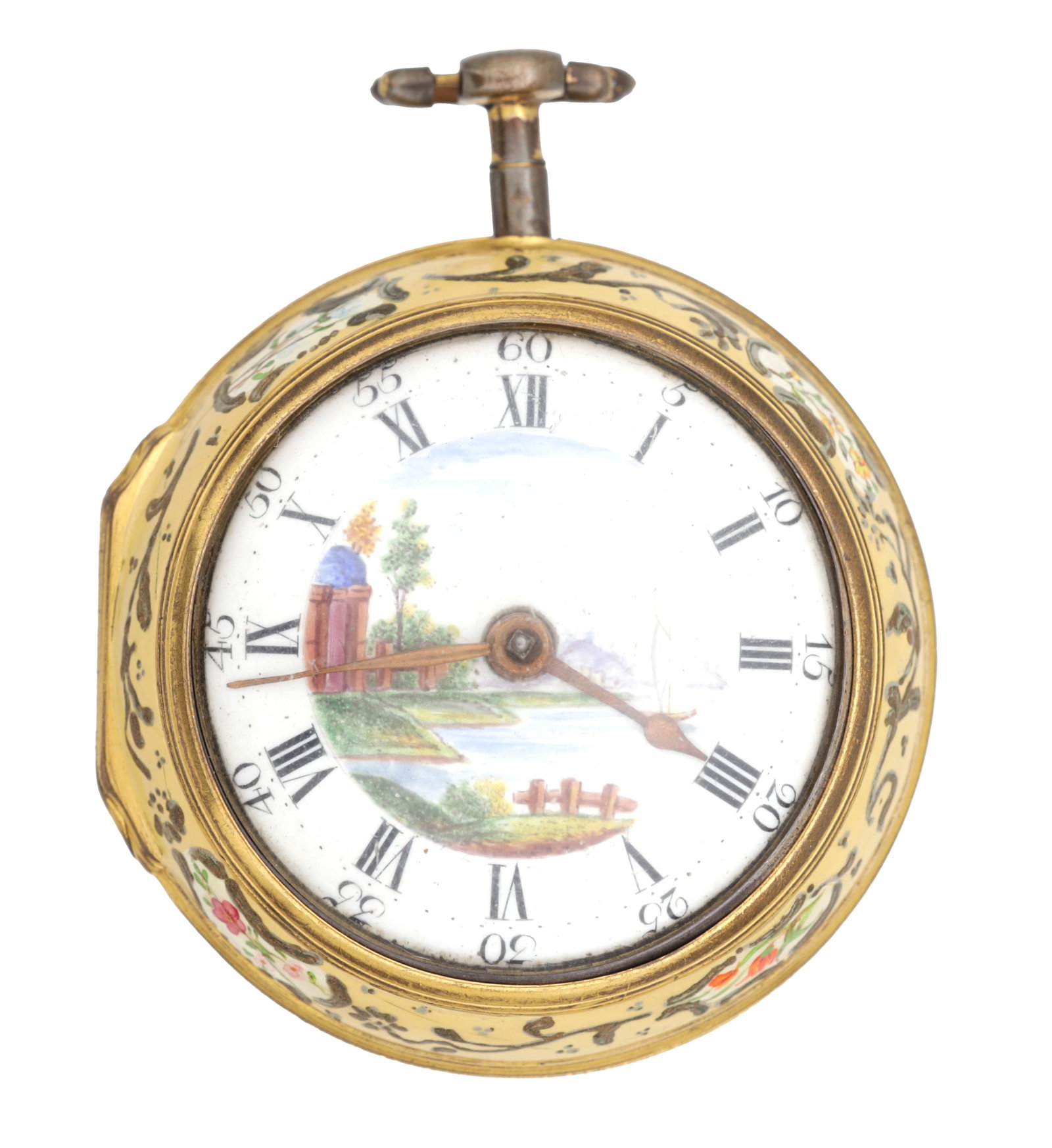 J. RICHARDS, LONDON. A GEORGE III PAIR CASED VERGE POCKET WATCH: J. RICHARDS, LONDON. A GEORGE III PAIR CASED VERGE POCKET WATCH with a gilt foliate enamel painted outer case, the interior with an embroidered love token; the plain gilt inner case enclosing a painte