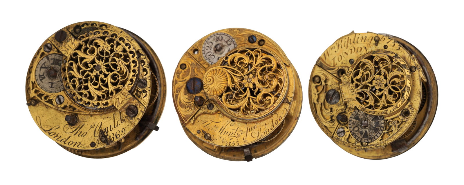 A COLLECTION OF THREE MID 18TH CENTURY ENGLISH GILT BRASS VERGE POCKET WATCH MOVEMENTS WITH PIERCED (1 of 2)