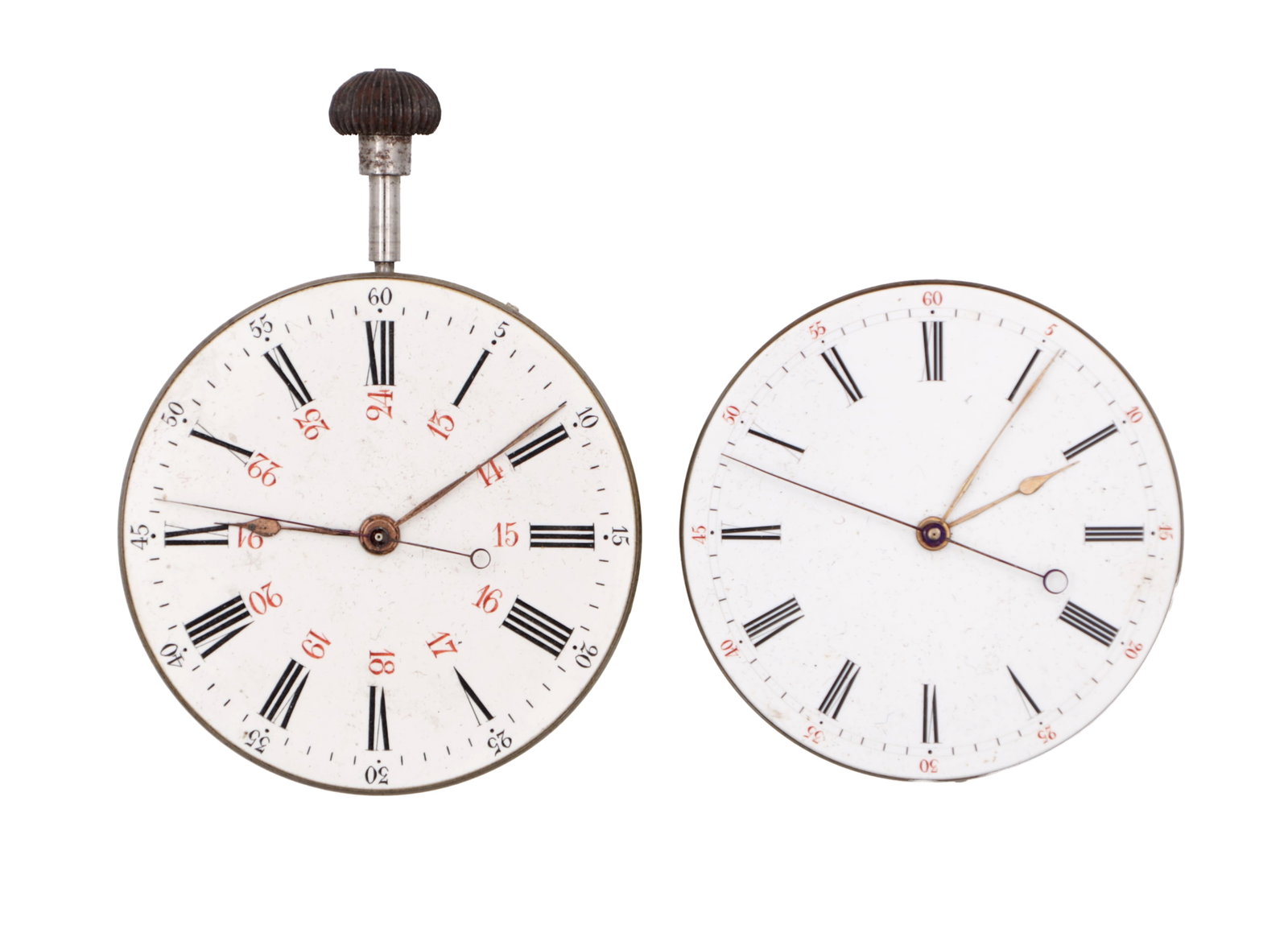 TWO DOUBLE BARREL INDEPENDENT SECONDS POCKET WATCH MOVEMENTS (1 of 2)