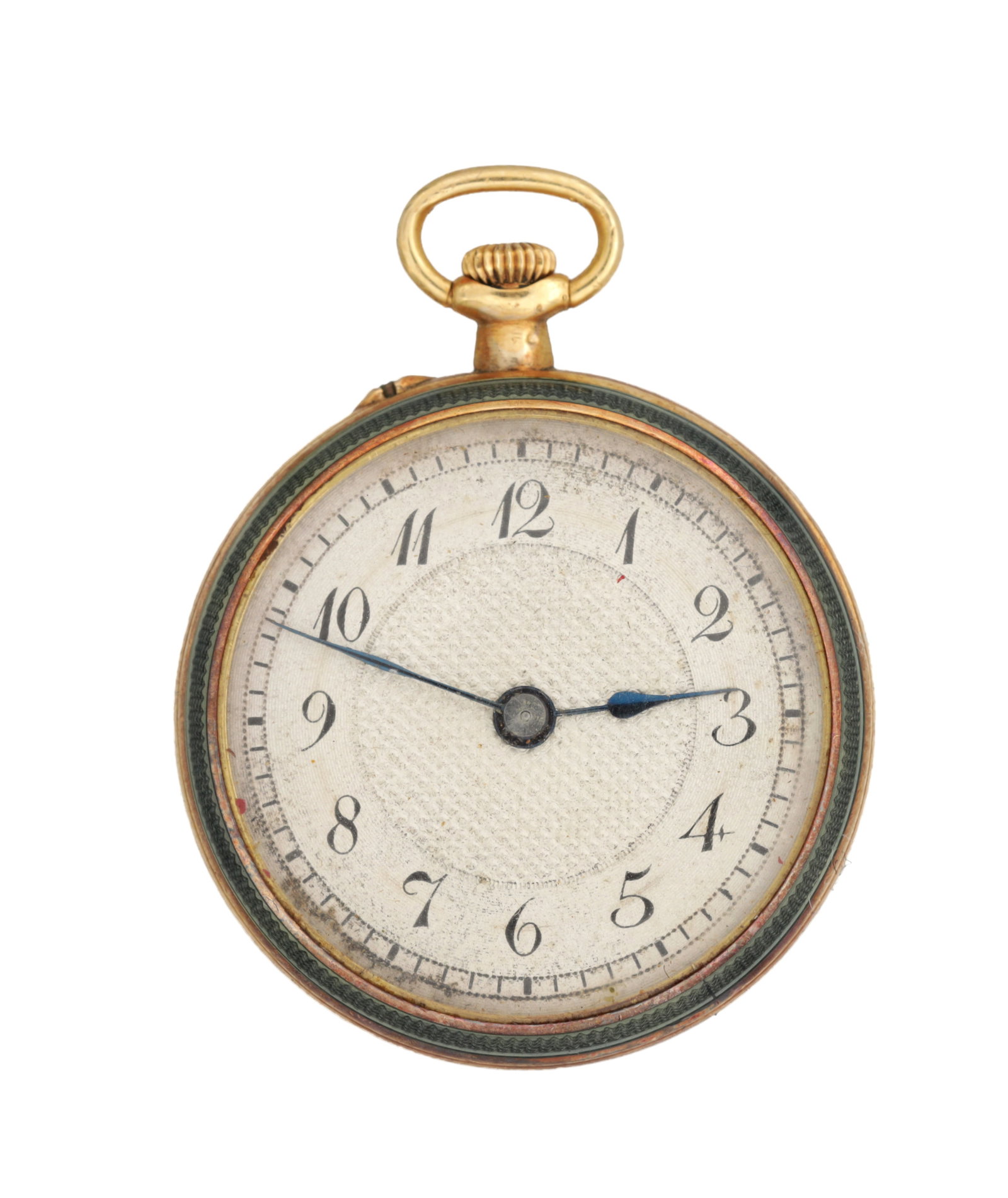 A LE-COULTRE 14CT GOLD GUILLOCHE ENAMEL AND DIAMOND FOB WATCH: A LE-COULTRE 14CT GOLD GUILLOCHE ENAMEL AND DIAMOND FOB WATCH with circular engine-turned dial bearing Arabic numerals and blued hands, the bezel with guilloche enamel border and diamond detail, total
