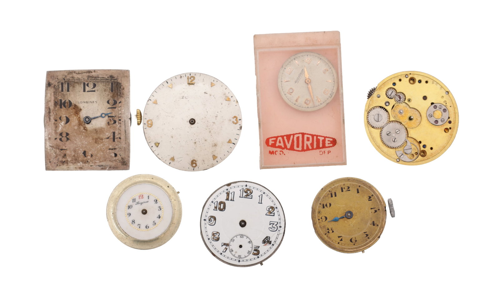 A COLLECTION OF SEVEN WATCH MOVEMENTS: A COLLECTION OF SEVEN WATCH MOVEMENTS various makers including Jaeger-LeCoultre, Longines, Dent and Zenith, mixed pocket and wristwatch examples with assorted enamel and metal dials, one mounted withi