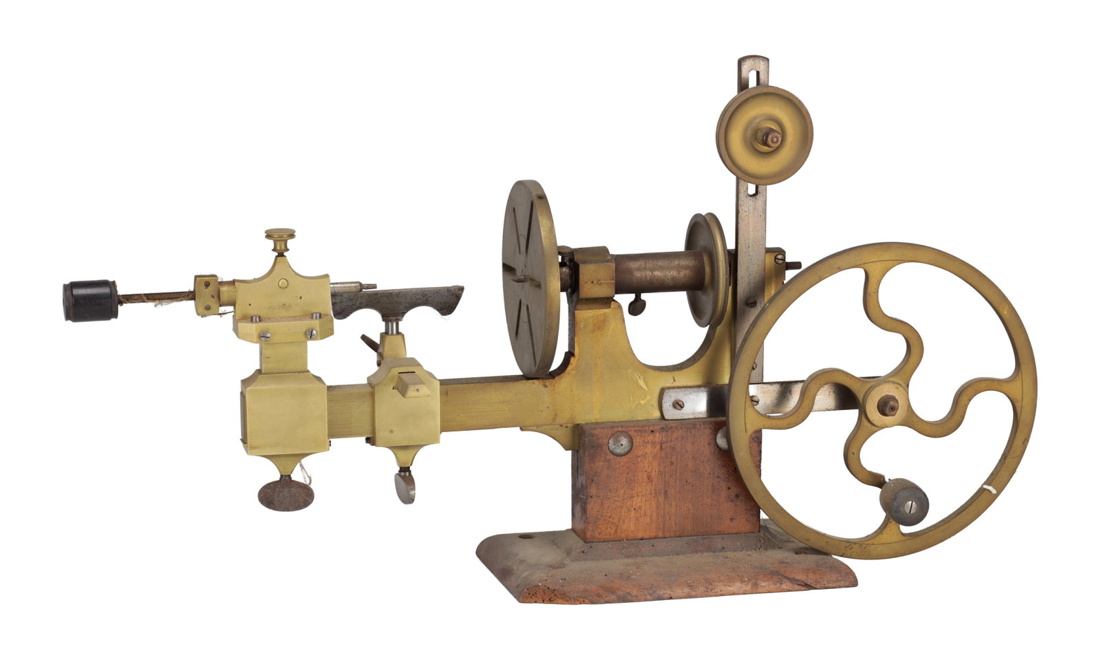 A BRASS AND STEEL WATCHMAKER'S LATHE ON WOODEN BASE (1 of 7)