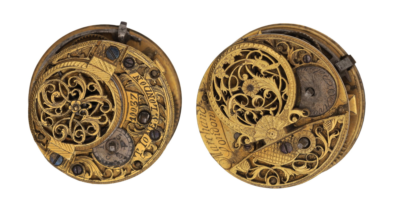 TWO 18TH CENTURY ENGLISH VERGE POCKET WATCH MOVEMENTS: TWO 18TH CENTURY ENGLISH VERGE POCKET WATCH MOVEMENTS signed Marchand, London, and T. Jones, London, each with pierced and engraved balance cock, square baluster pillars and white enamel dial. (2) (39