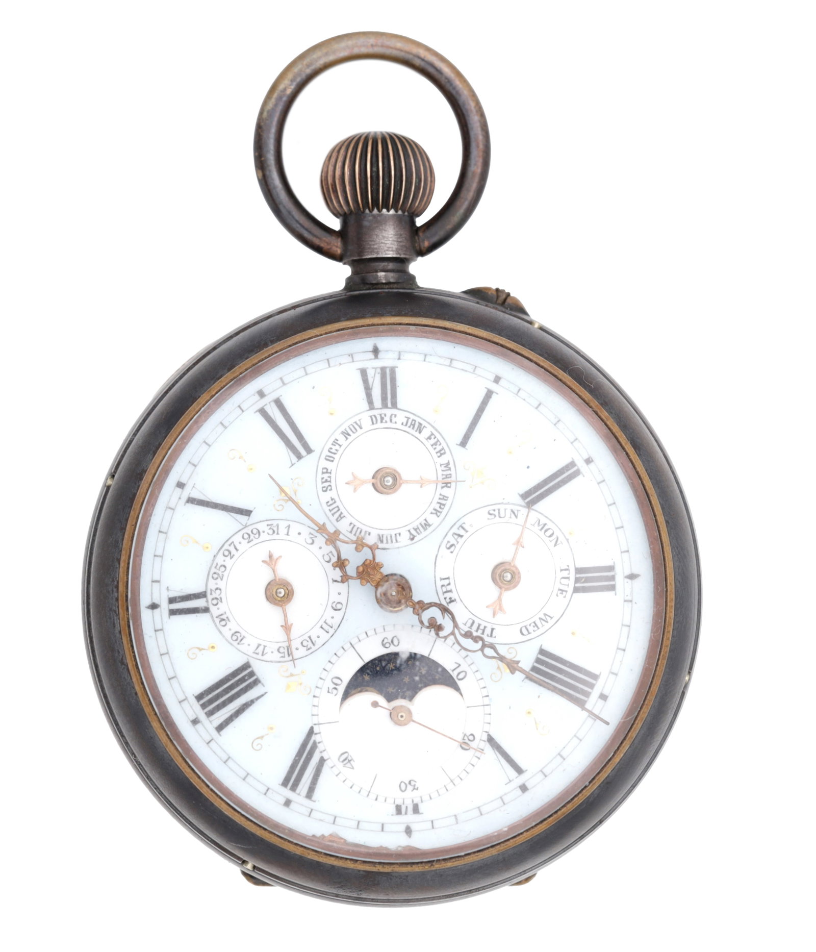 A LATE 19TH CENTURY GUNMETAL TRIPLE CALENDAR MOONPHASE OPEN FACE POCKET WATCH: A LATE 19TH CENTURY GUNMETAL TRIPLE CALENDAR MOONPHASE OPEN FACE POCKET WATCH the gunmetal case enclosing a white enamel and gilt Roman dial with subsidiary dials for month, day, date, running seconds