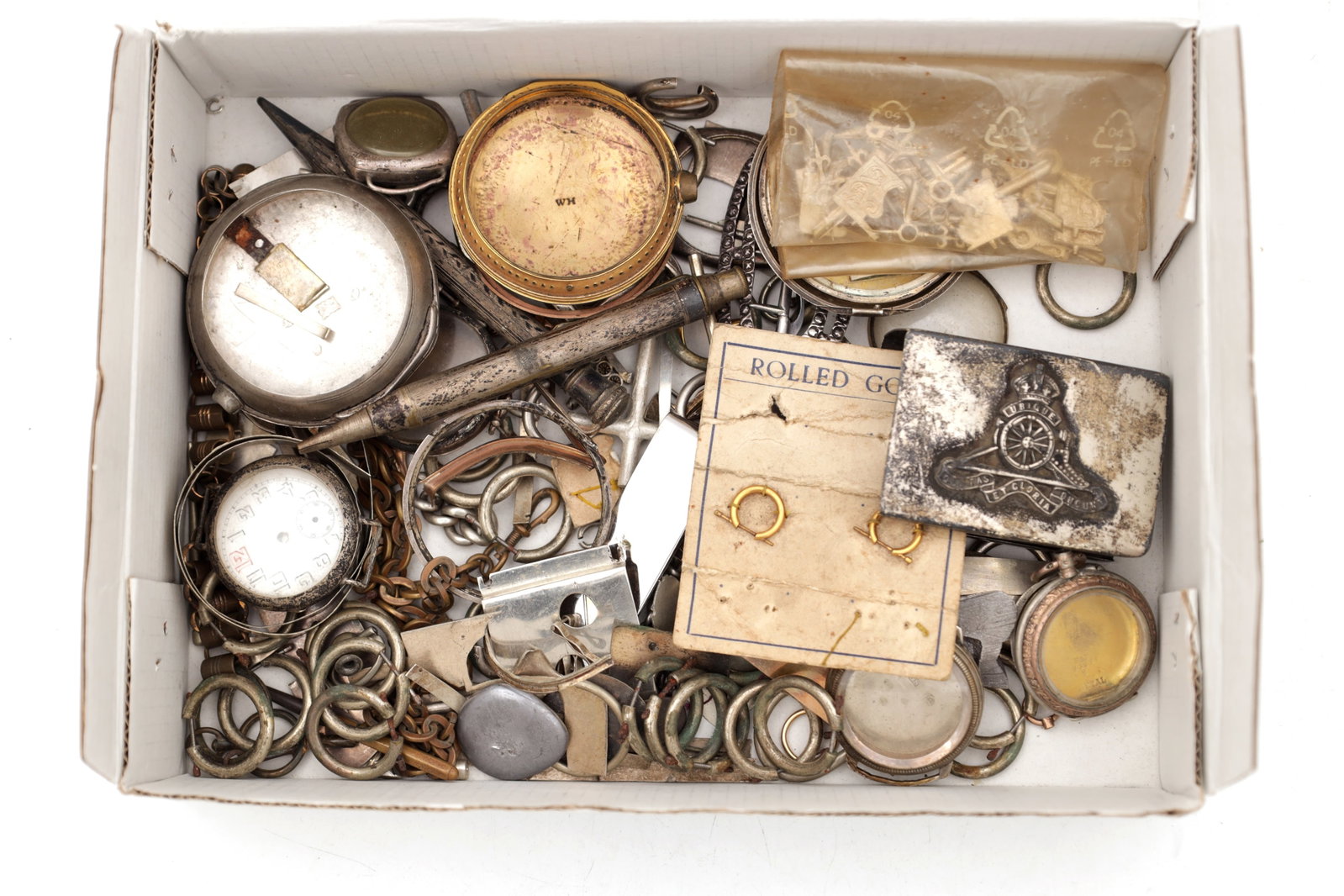 A COLLECTION OF SILVER AND OTHER METAL WATCH PARTS AND CASES: A COLLECTION OF SILVER AND OTHER METAL WATCH PARTS AND CASES comprising pocket watch cases and bezels, dials and hands, watch keys and chains, rolled gold findings and assorted metal fittings.