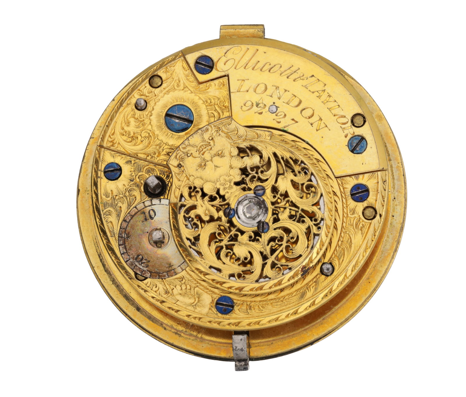 ELLICOTT AND TAYLOR, LONDON. AN ENGLISH GILT FUSEE POCKET WATCH MOVEMENT (1 of 3)
