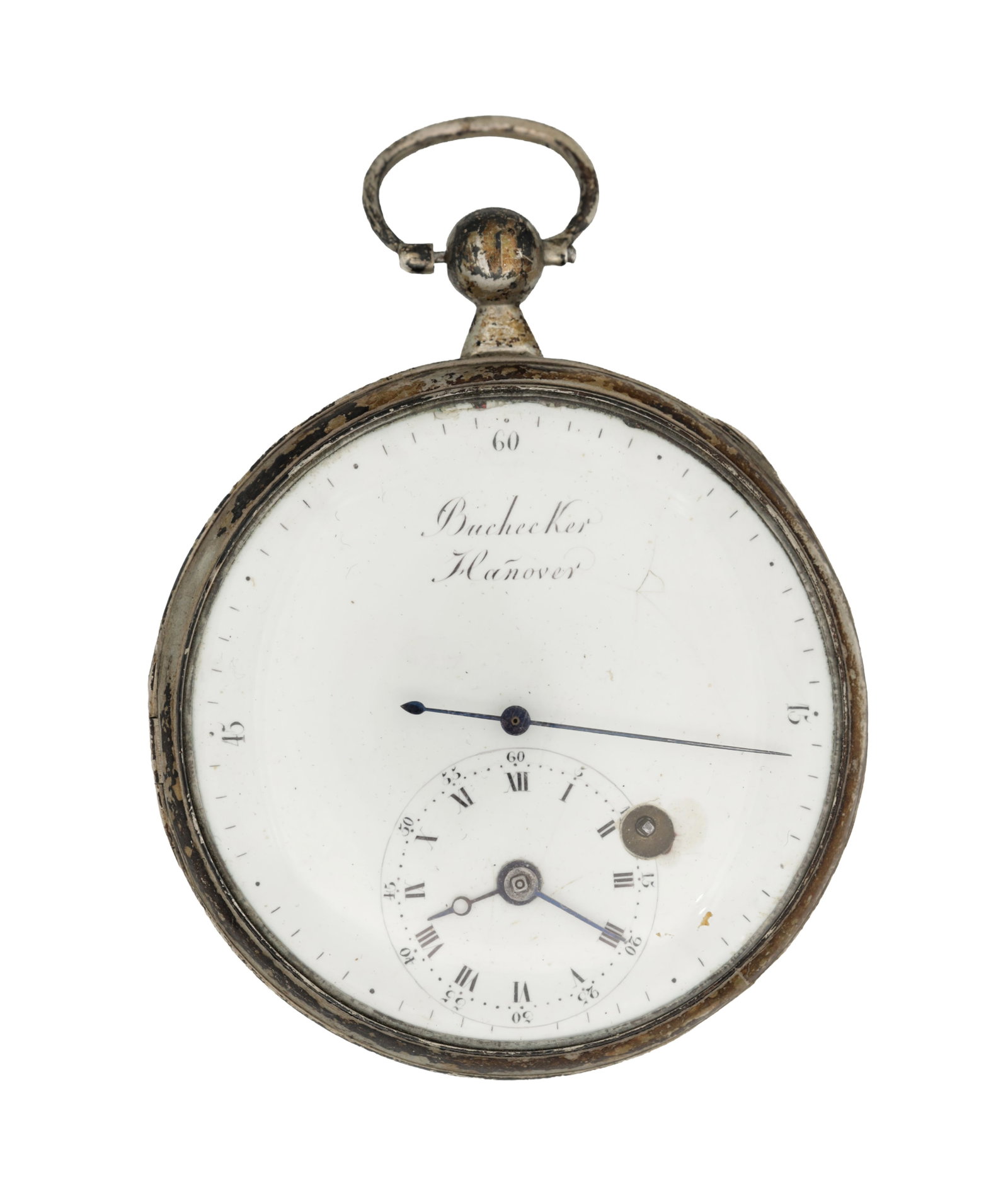A RARE 19TH CENTURY SILVER REGULATOR POCKET WATCH BY BUCHECKER OF HANOVER WITH POUZAIT-TYPE LEVER: A RARE 19TH CENTURY SILVER REGULATOR POCKET WATCH BY BUCHECKER OF HANOVER WITH POUZAIT-TYPE LEVER ESCAPEMENT of open-face form with white enamel regulator dial having central blued minute hand and sub