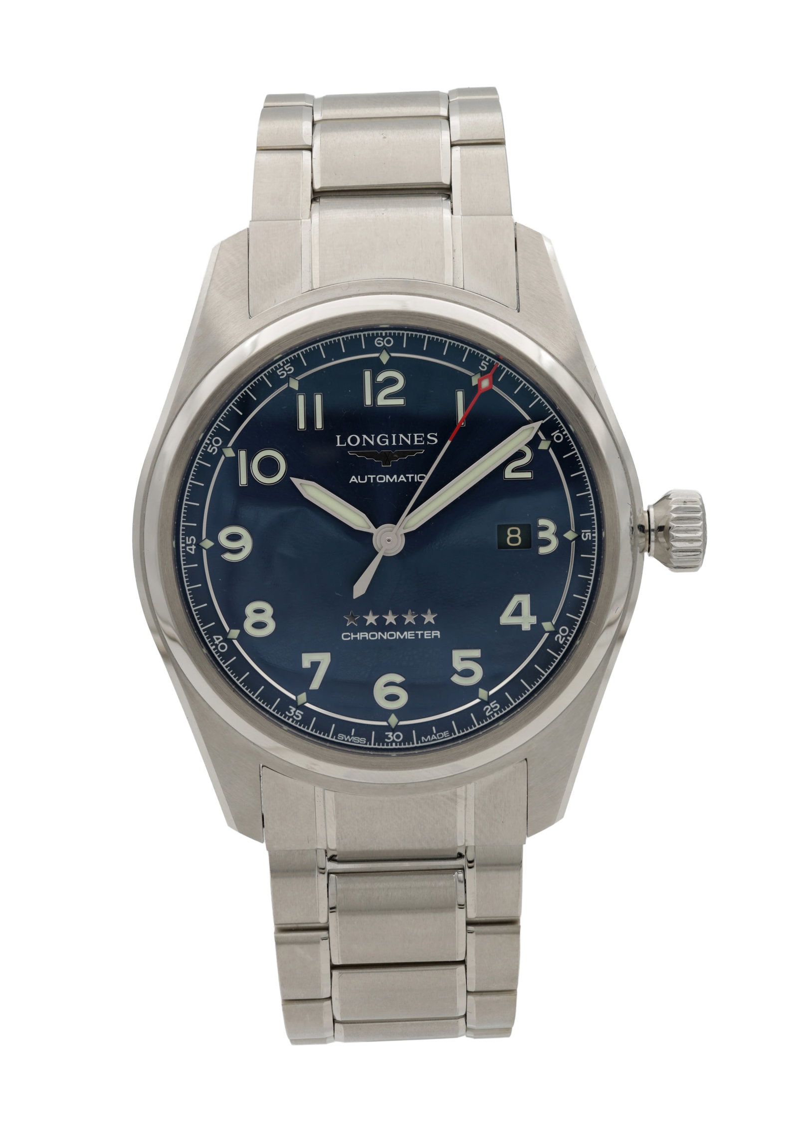 A GENTLEMAN'S STAINLESS STEEL LONGINES SPIRIT AUTOMATIC CHRONOMETER WRIST WATCH: A GENTLEMAN'S STAINLESS STEEL LONGINES SPIRIT AUTOMATIC CHRONOMETER WRIST WATCH on steel bracelet, blue dial with applied Arabic numerals, centre seconds with red-tipped pointer and date aperture at 3