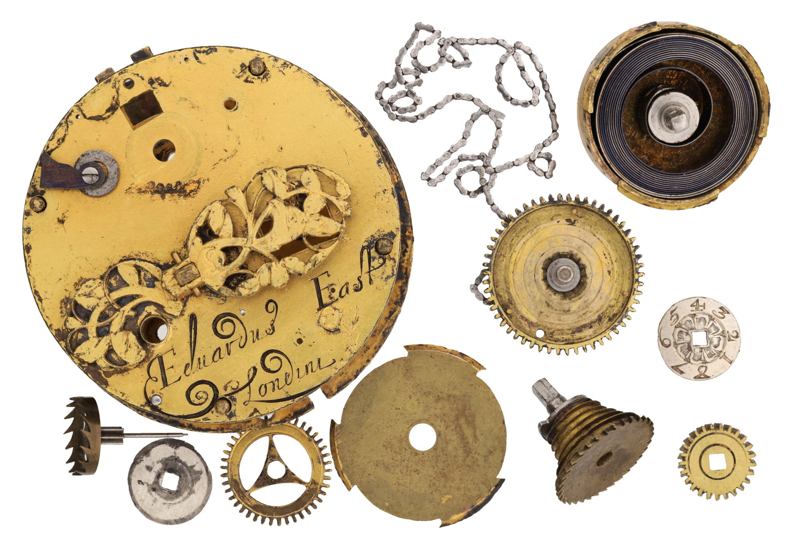 A RARE 17TH CENTURY GILT BRASS POCKET WATCH MOVEMENT BY EDWARD EAST, LONDINI: A RARE 17TH CENTURY GILT BRASS POCKET WATCH MOVEMENT BY EDWARD EAST, LONDINI signed Eduardus East Londini to the top plate with pierced and engraved balance cock, fusee and chain, mainspring barrel, w