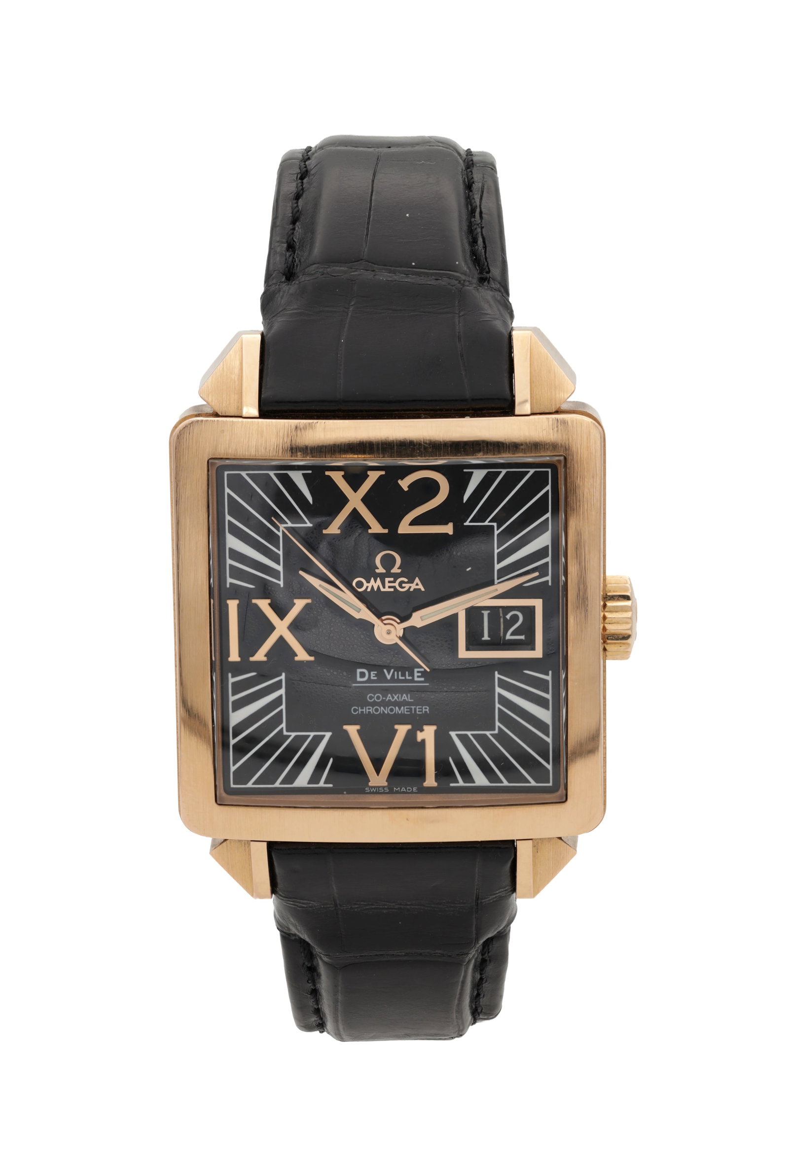 A 2008 OMEGA 18CT ROSE GOLD DE VILLE X2 BIG DATE AUTOMATIC WRISTWATCH: A 2008 OMEGA 18CT ROSE GOLD DE VILLE X2 BIG DATE AUTOMATIC WRISTWATCH with a square case, black dial with applied Roman numerals and big date aperture at 3, co-axial chronometer movement and black lea