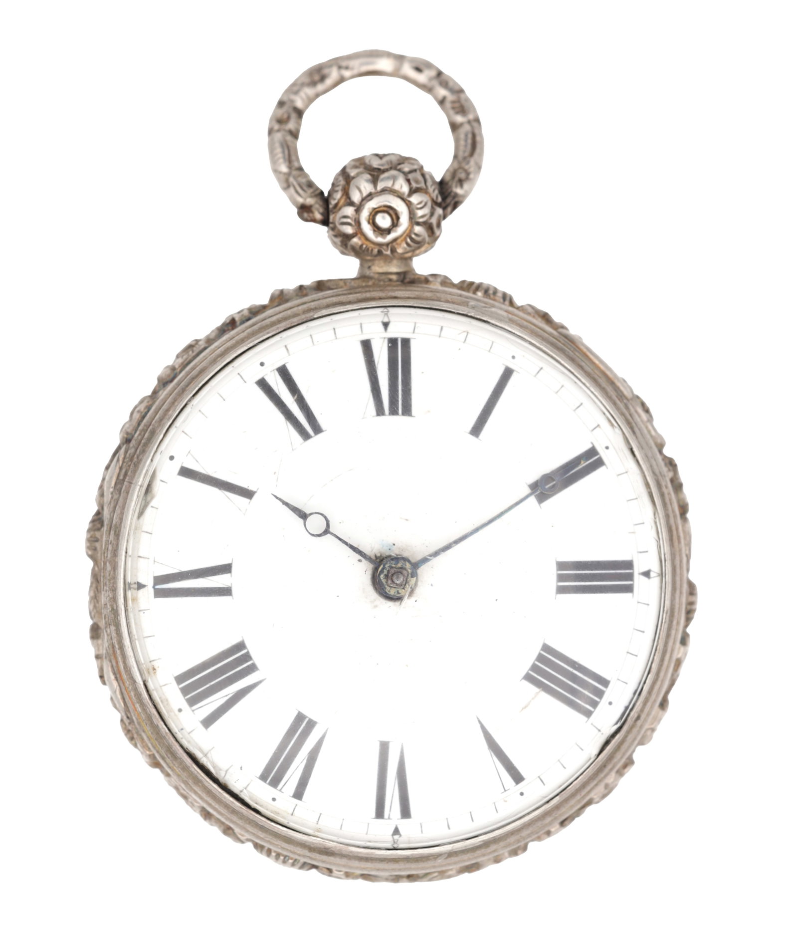 AN EARLY 19TH CENTURY ENGLISH SILVER CASED OPEN FACE POCKET WATCH: AN EARLY 19TH CENTURY ENGLISH SILVER CASED OPEN FACE POCKET WATCH having an engine-turned and floral chased case enclosing a white enamel dial and chain driven fusee movement with verge escapement. (5