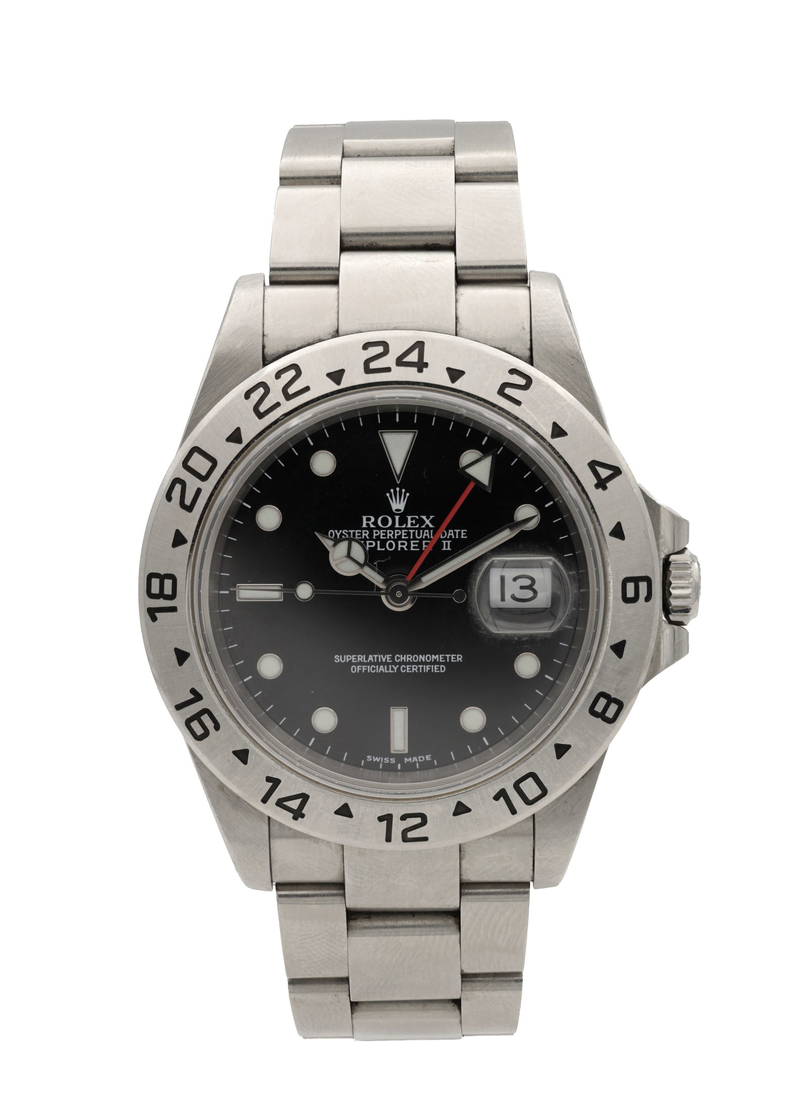 A GENTLEMAN'S ROLEX STAINLESS STEEL OYSTER PERPETUAL DATE EXPLORER II WRISTWATCH: A GENTLEMAN'S ROLEX STAINLESS STEEL OYSTER PERPETUAL DATE EXPLORER II WRISTWATCH with black dial, luminous hour markers and Mercedes hands, red 24 hour hand and fixed brushed 24 hour bezel, date apert