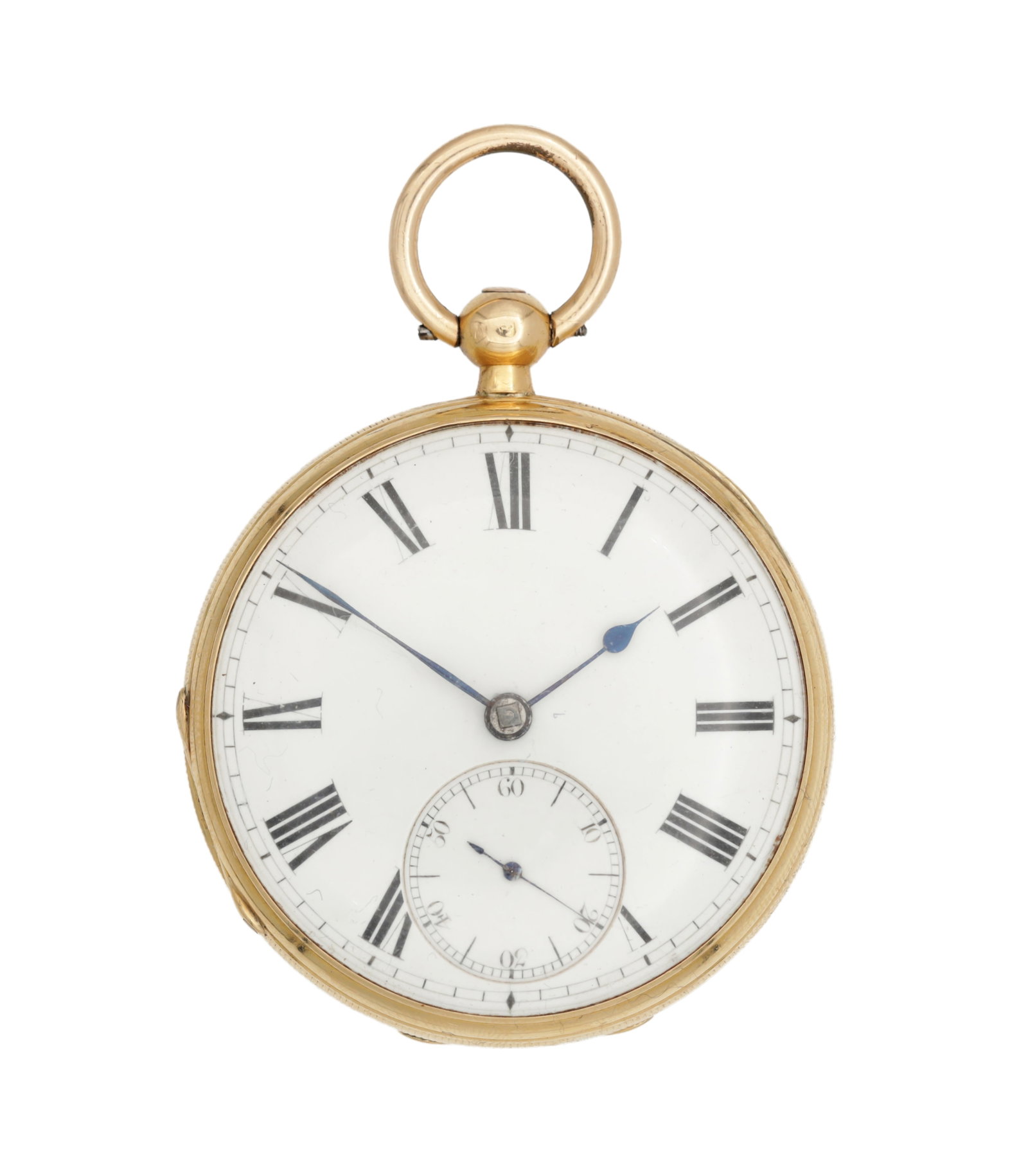 THOMAS ADAMS, SHEFFIELD. AN 18CT YELLOW GOLD OPEN FACED POCKET WATCH: THOMAS ADAMS, SHEFFIELD. AN 18CT YELLOW GOLD OPEN FACED POCKET WATCH with a white enamel Roman dial, blued steel hands and subsidiary seconds at six, fronting a chain driven fusee movement with Harris