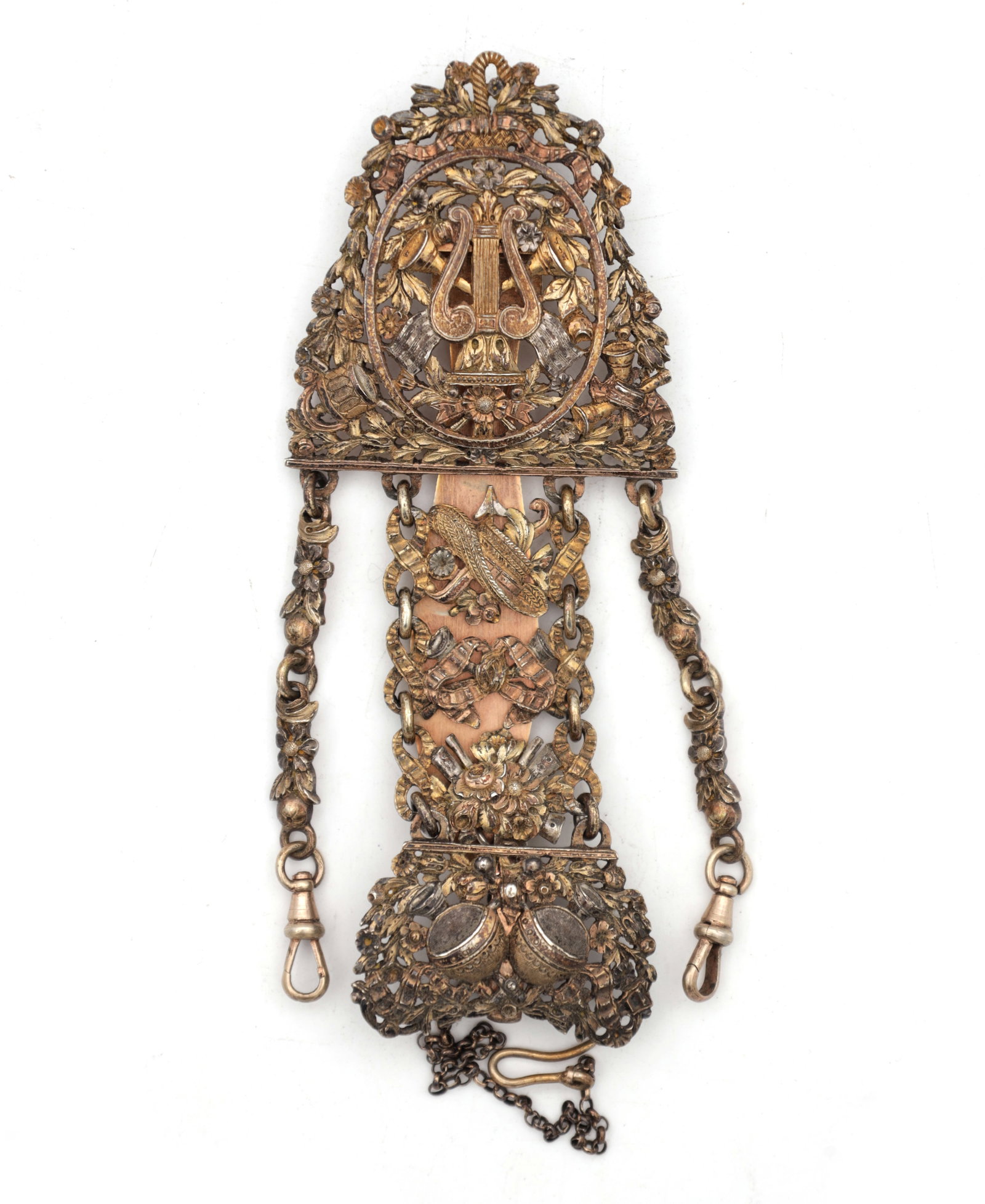 AN 18TH CENTURY YELLOW METAL WATCH CHATELAINE WITH LYRE MEDALLION AND FLORAL LINKS (1 of 2)
