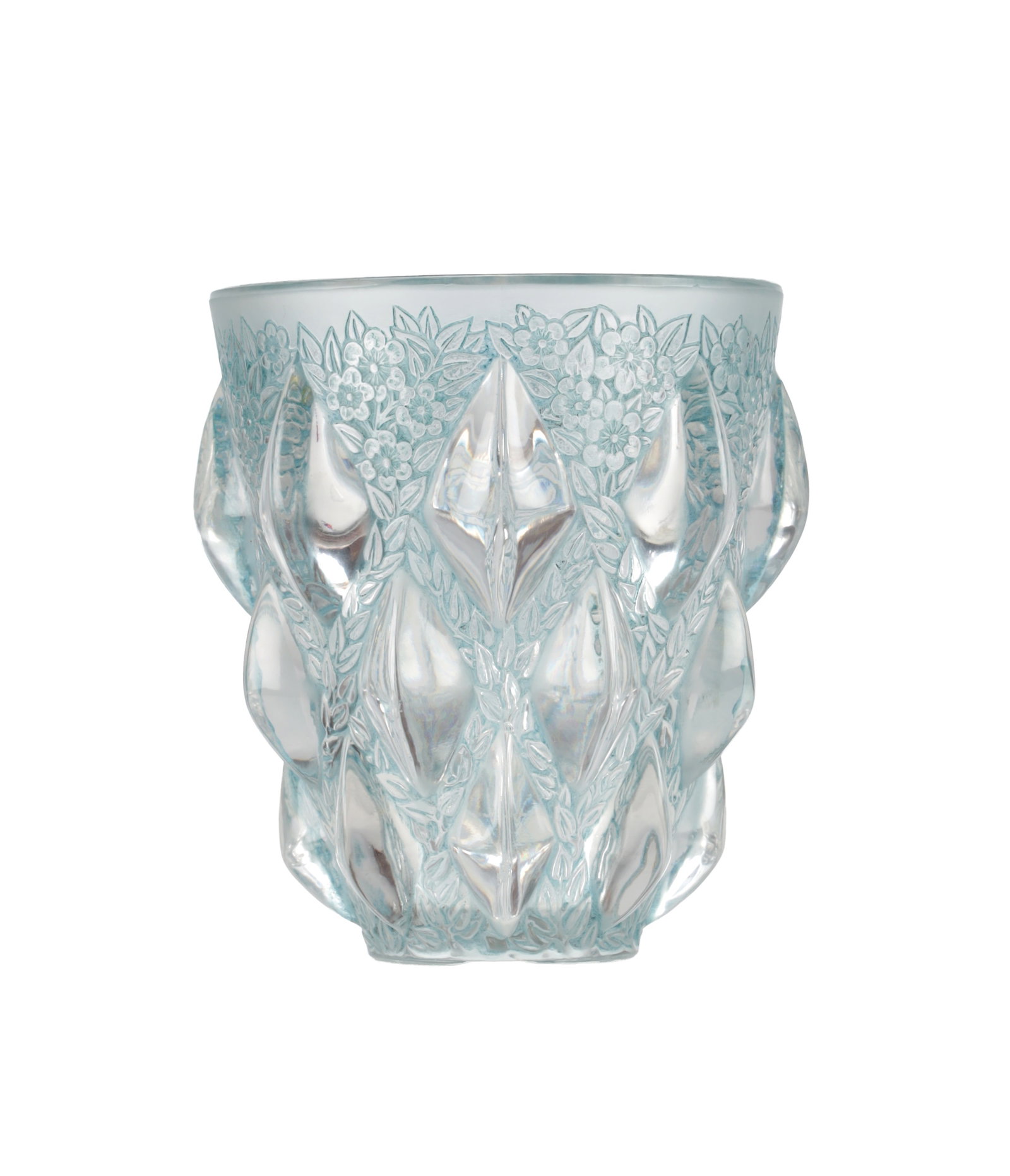 RENE LALIQUE A FROSTED AND BLUE STAINED GLASS VASE "RAMPILLON" CIRCA 1927 (1 of 6)