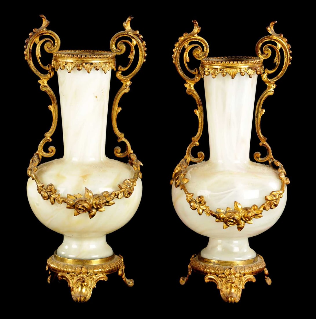 A PAIR OF LATE 19TH CENTURY OPAQUE GLASS AND ORMOLU MOUNTED VASES (1 of 1)