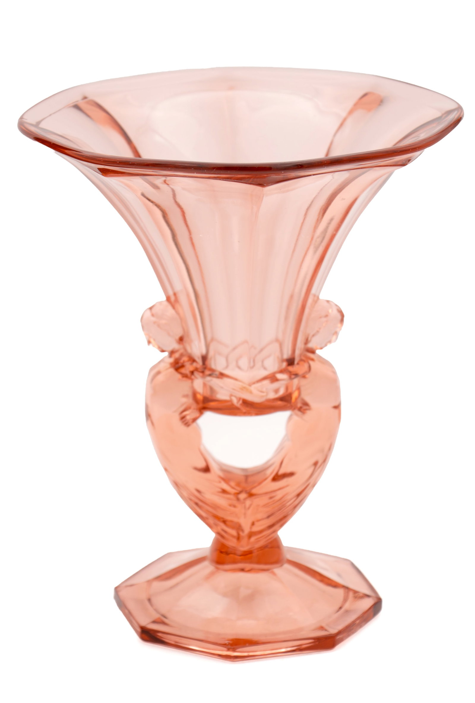AN ART DECO CZECH PINK MOULDED GLASS FIGURAL VASE BY LIBOCHOVICE: AN ART DECO CZECH PINK MOULDED GLASS FIGURAL VASE BY LIBOCHOVICE of trumpet form with a wide flared rim, the moulded stem formed as paired female figures with interlinked arms, on a faceted spreading 