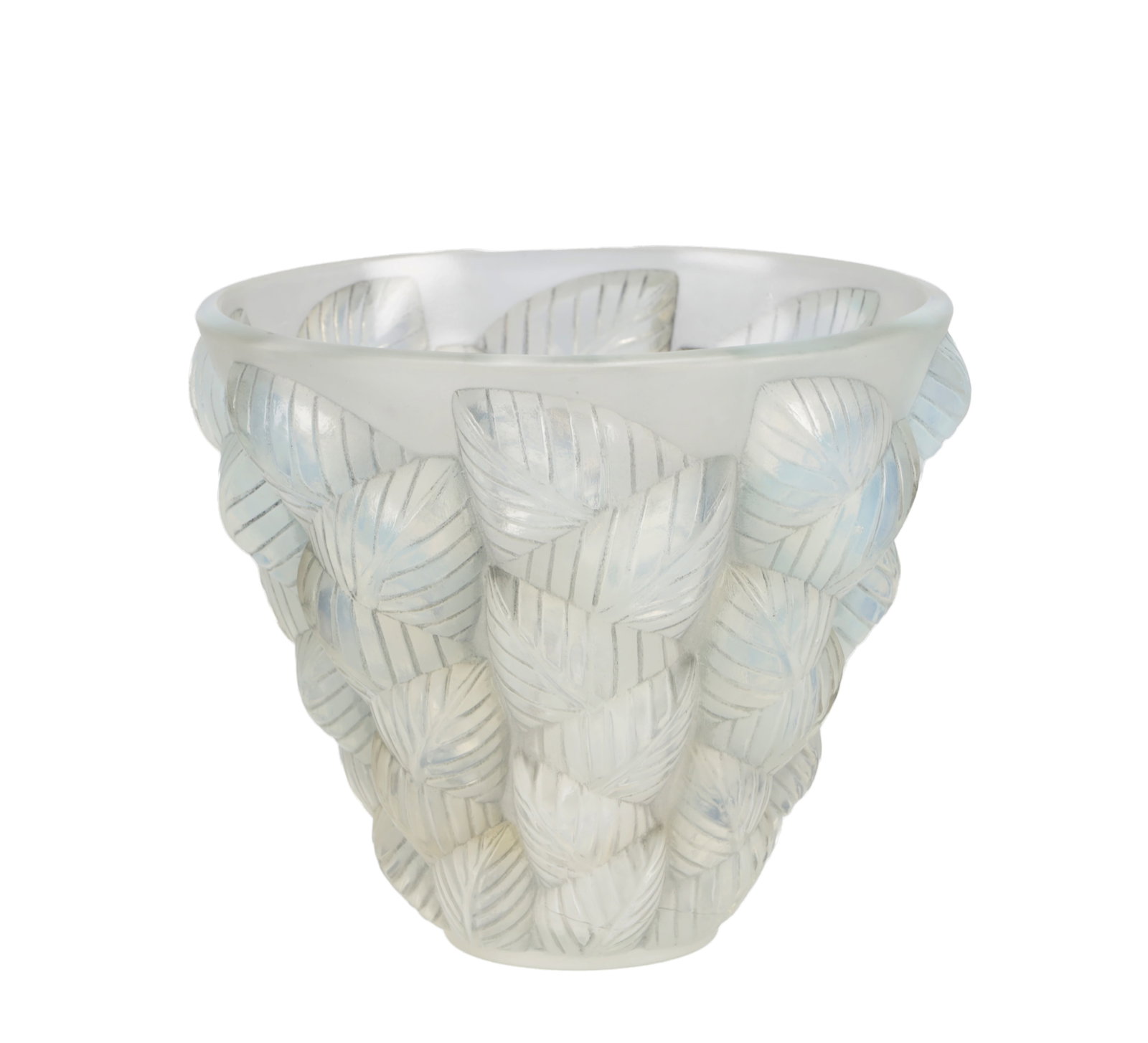 R. LALIQUE A FRENCH OPALESCENT BLUE GLASS VASE MOISSAC CIRCA 1929: R. LALIQUE A FRENCH OPALESCENT BLUE GLASS VASE MOISSAC CIRCA 1929 of flared tapering form with an everted rim, the body moulded in high relief with overlapping leaves in a frosted opalescent finish. (