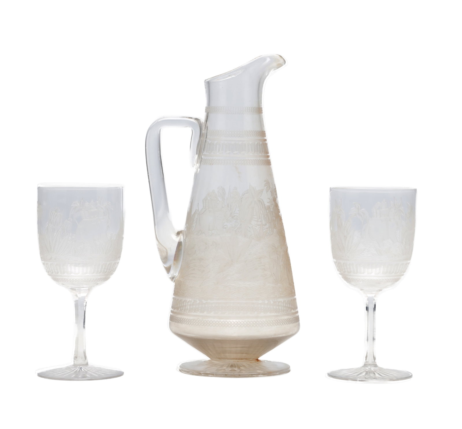 A ROWLAND WARD ACID-ETCHED GLASS JUG AND PAIR OF GOBLETS (1 of 6)