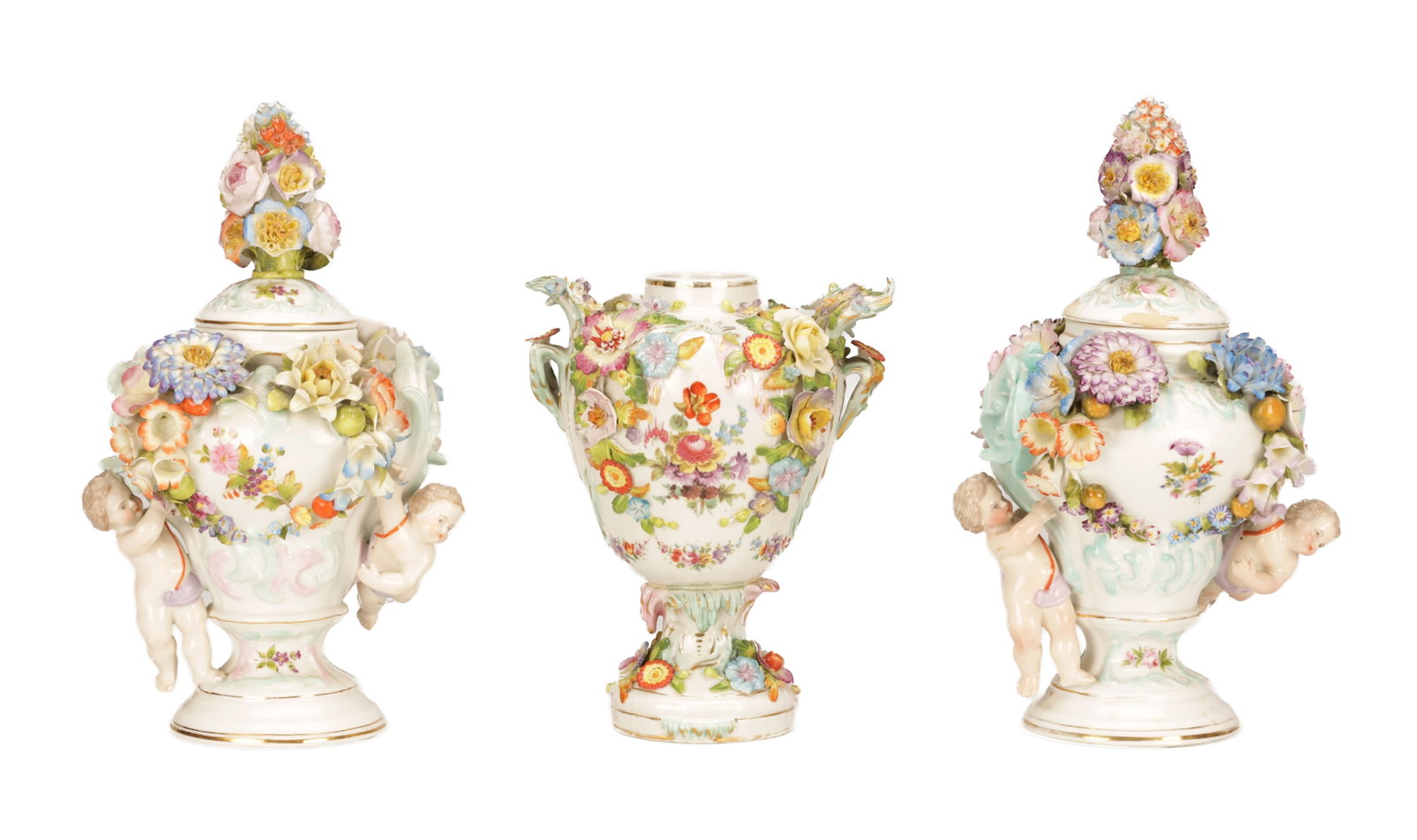 A COLLECTION OF THREE LATE 19TH CENTURY CONTINENTAL MEISSEN STYLE PORCELAIN POT-POURRI URNS (1 of 14)