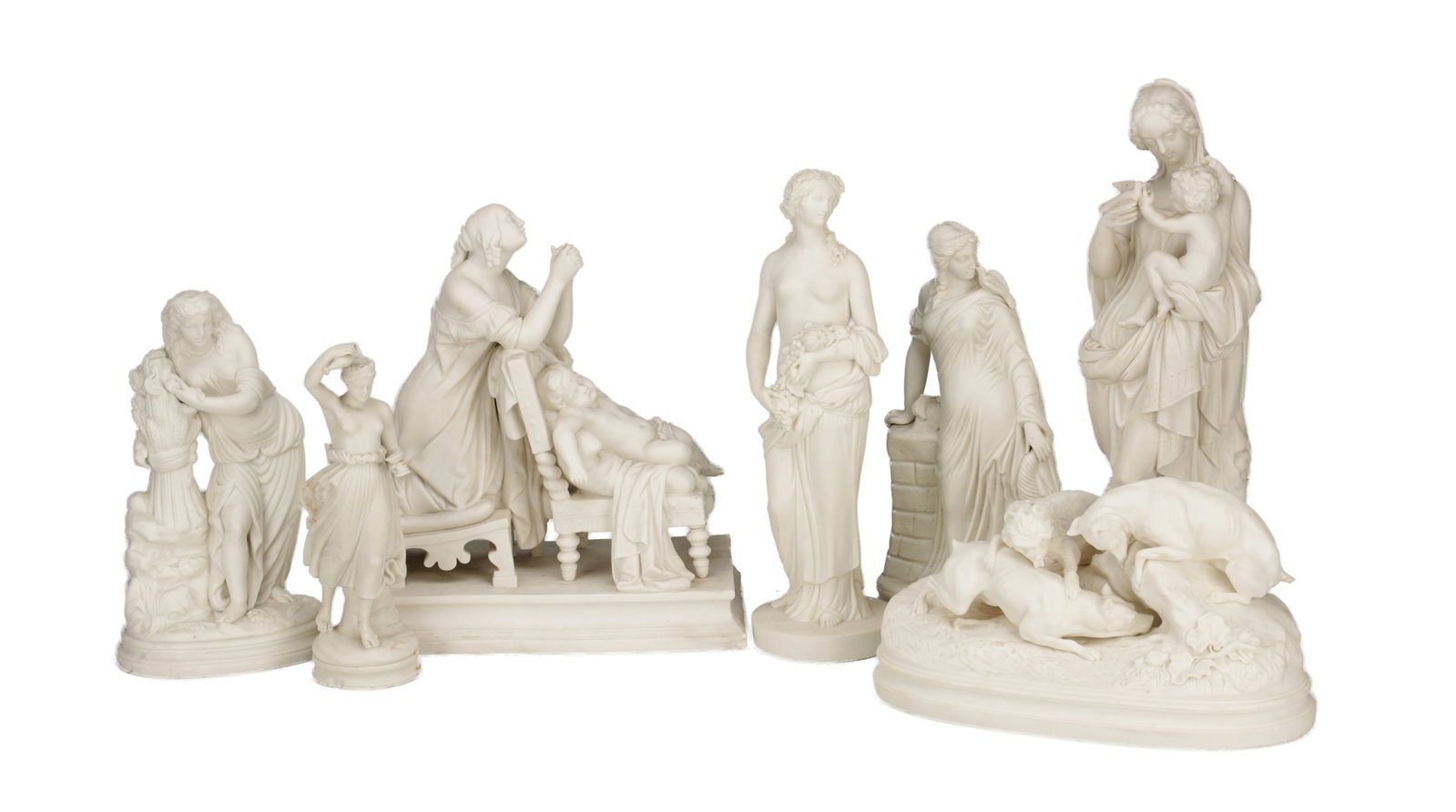 A COLLECTION OF SEVEN BISQUE PORCELAIN FIGURE GROUPS: A COLLECTION OF SEVEN BISQUE PORCELAIN FIGURE GROUPS comprising classical and pastoral subjects with standing maidens, a mother and child, a sleeping child on a daybed, and a group with two hounds and