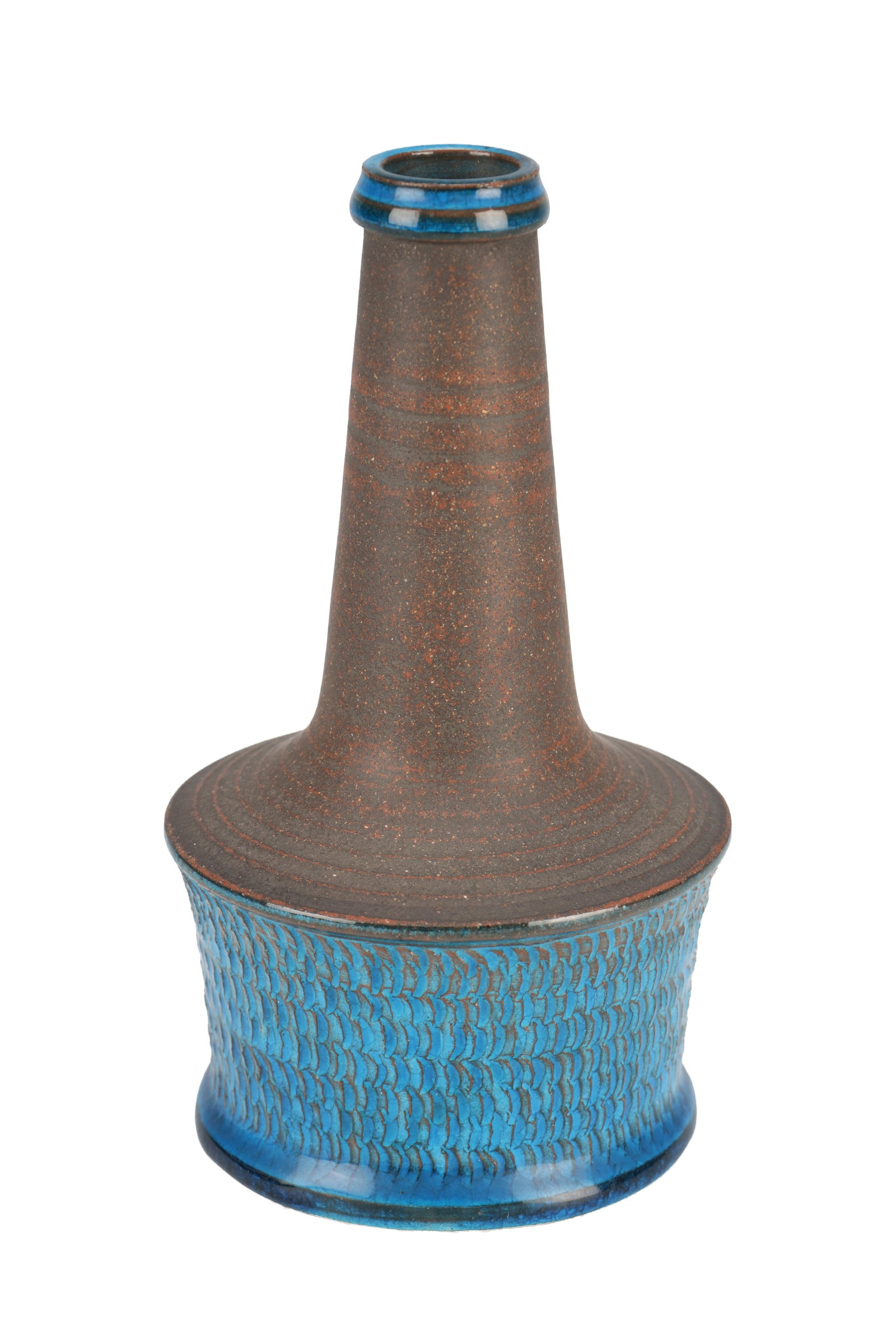 NILS KAHLER A 1960S DANISH BLUE-GLAZED STONEWARE VASE FOR THE HERMAN A. KAHLER CERAMICS WORKSHOP: NILS KAHLER A 1960S DANISH BLUE-GLAZED STONEWARE VASE FOR THE HERMAN A. KAHLER CERAMICS WORKSHOP of tapering bottle form with a narrow collar rim and a textured blue-glazed lower body, signed to the b