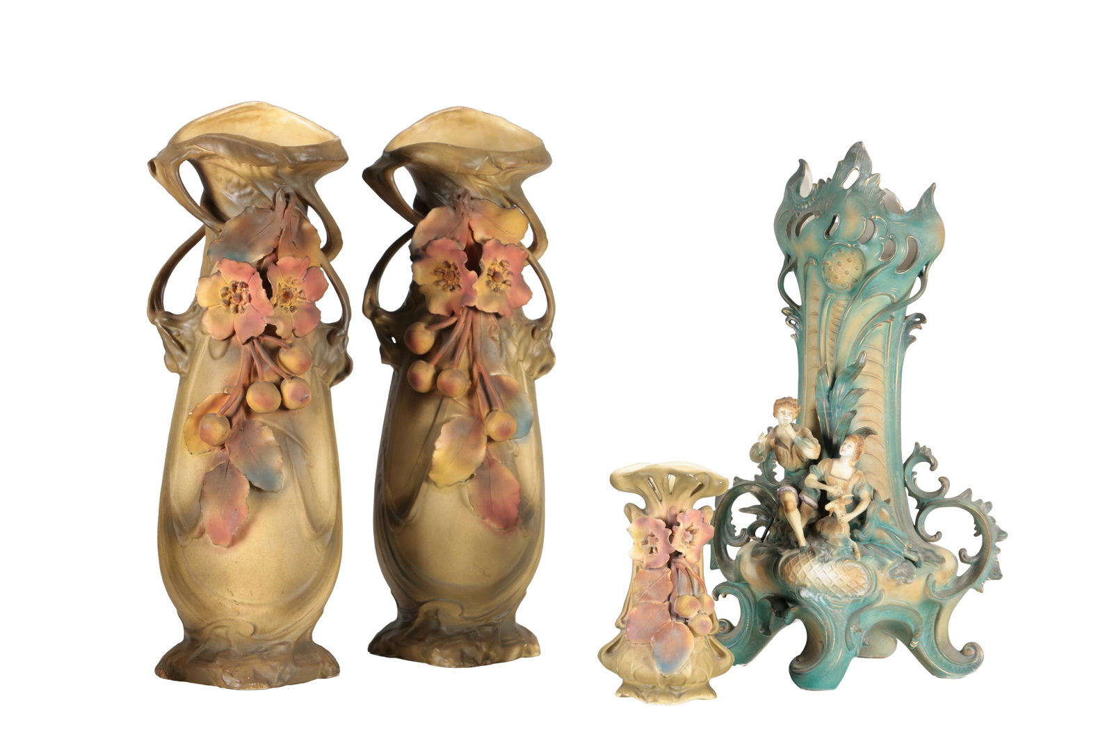 A COLLECTION OF EARLY 20TH CENTURY ART NOUVEAU ROYAL DUX PORCELAIN VASES WITH A ROYAL DUX STYLE: A COLLECTION OF EARLY 20TH CENTURY ART NOUVEAU ROYAL DUX PORCELAIN VASES WITH A ROYAL DUX STYLE FIGURAL VASE comprising a matched pair of tall loop-handled vases and a smaller companion vase each with