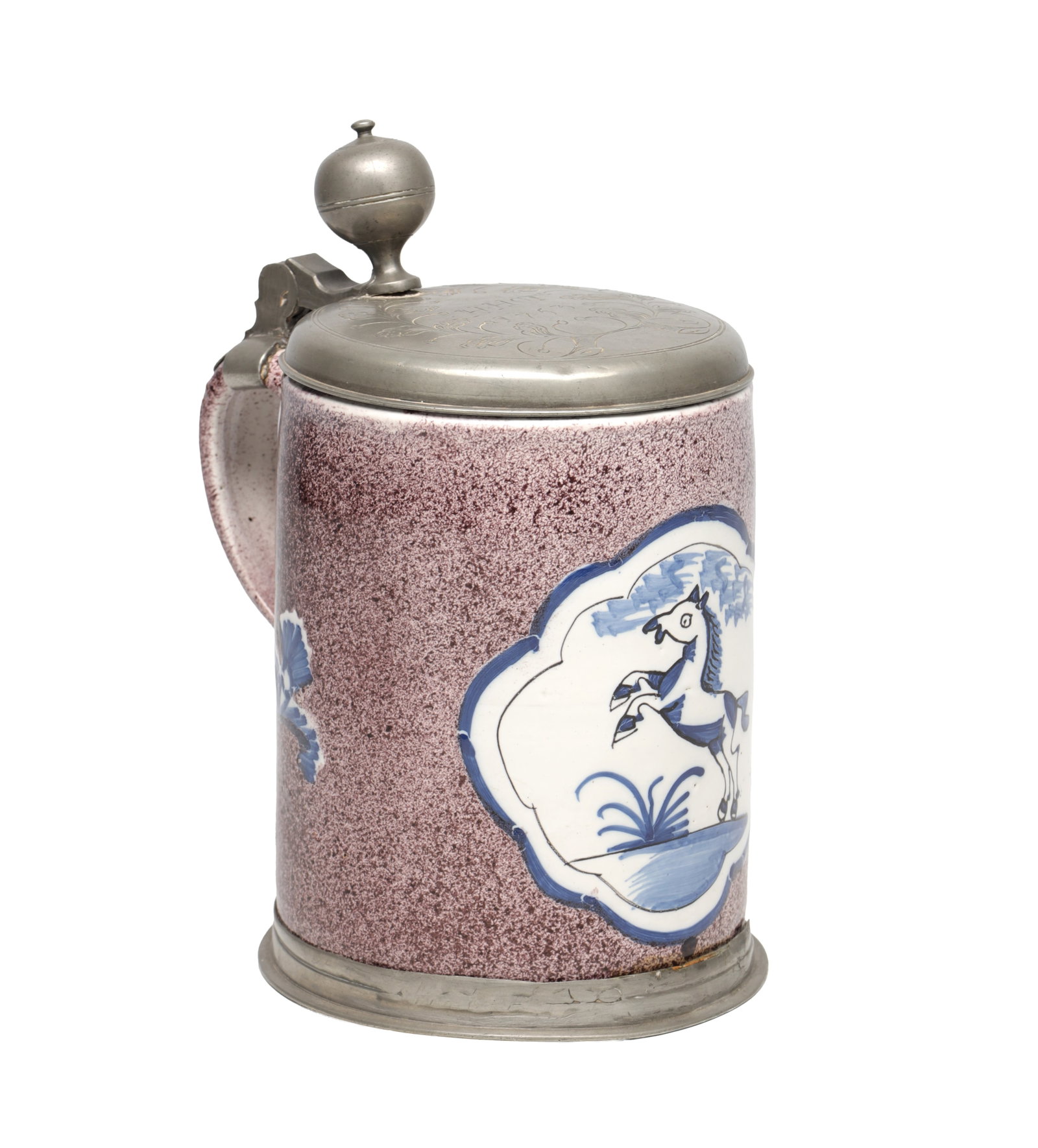 A LARGE 18TH CENTURY DELFT TIN-GLAZED EARTHENWARE TANKARD WITH PEWTER MOUNTS (1 of 9)