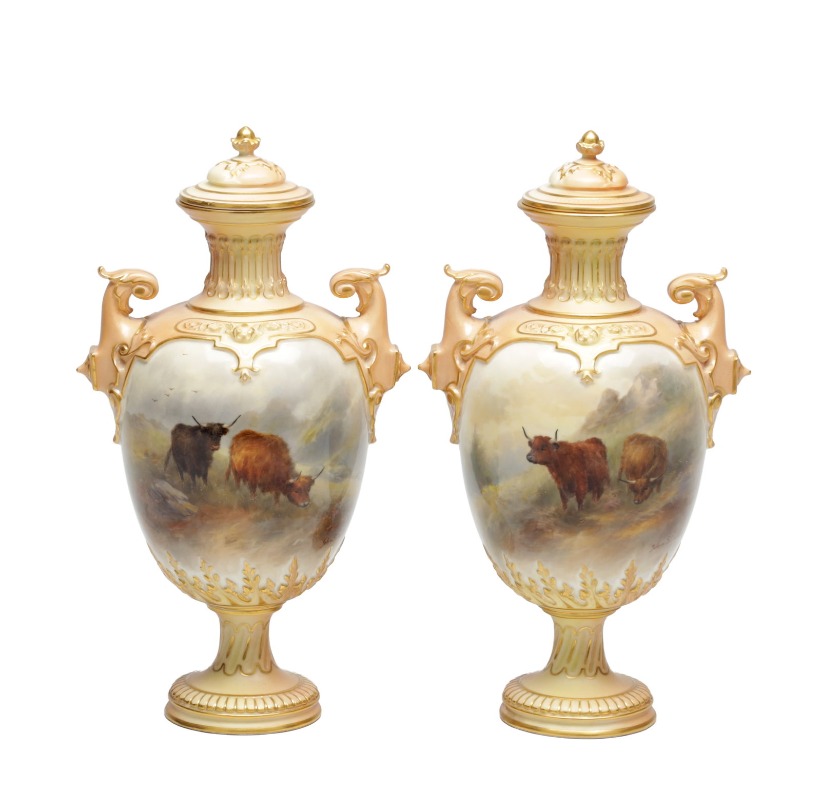 JOHN STINTON. A FINE PAIR OF ROYAL WORCESTER PORCELAIN OVOID PEDESTAL CABINET VASES AND COVERS (1 of 17)