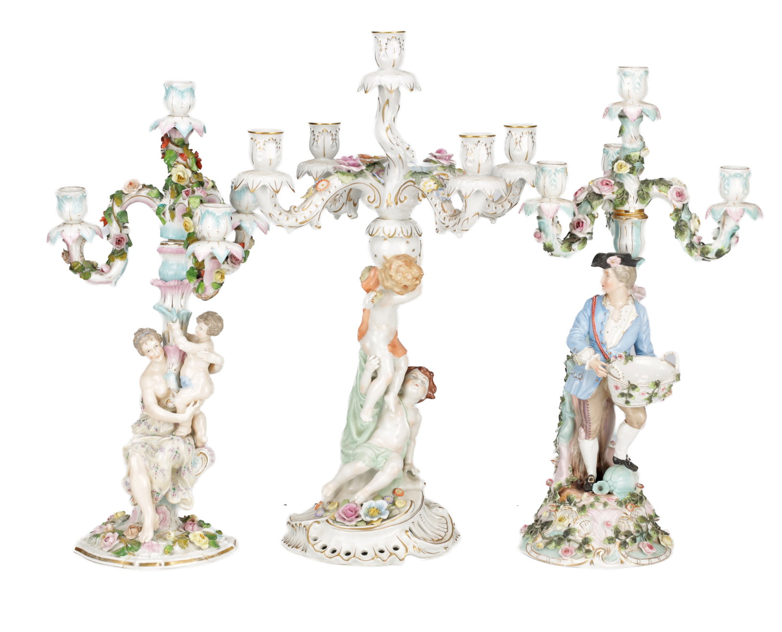 THREE LATE 19TH CENTURY CONTINENTAL PORCELAIN FIGURAL CANDELABRA (1 of 16)