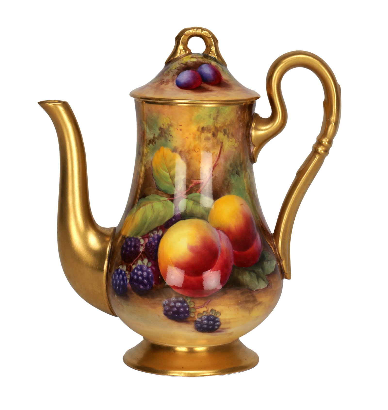 AN EARLY 20TH CENTURY ROYAL WORCESTER FRUIT PAINTED PORCELAIN COFFEE POT AND COVER PAINTED BY M H (1 of 8)